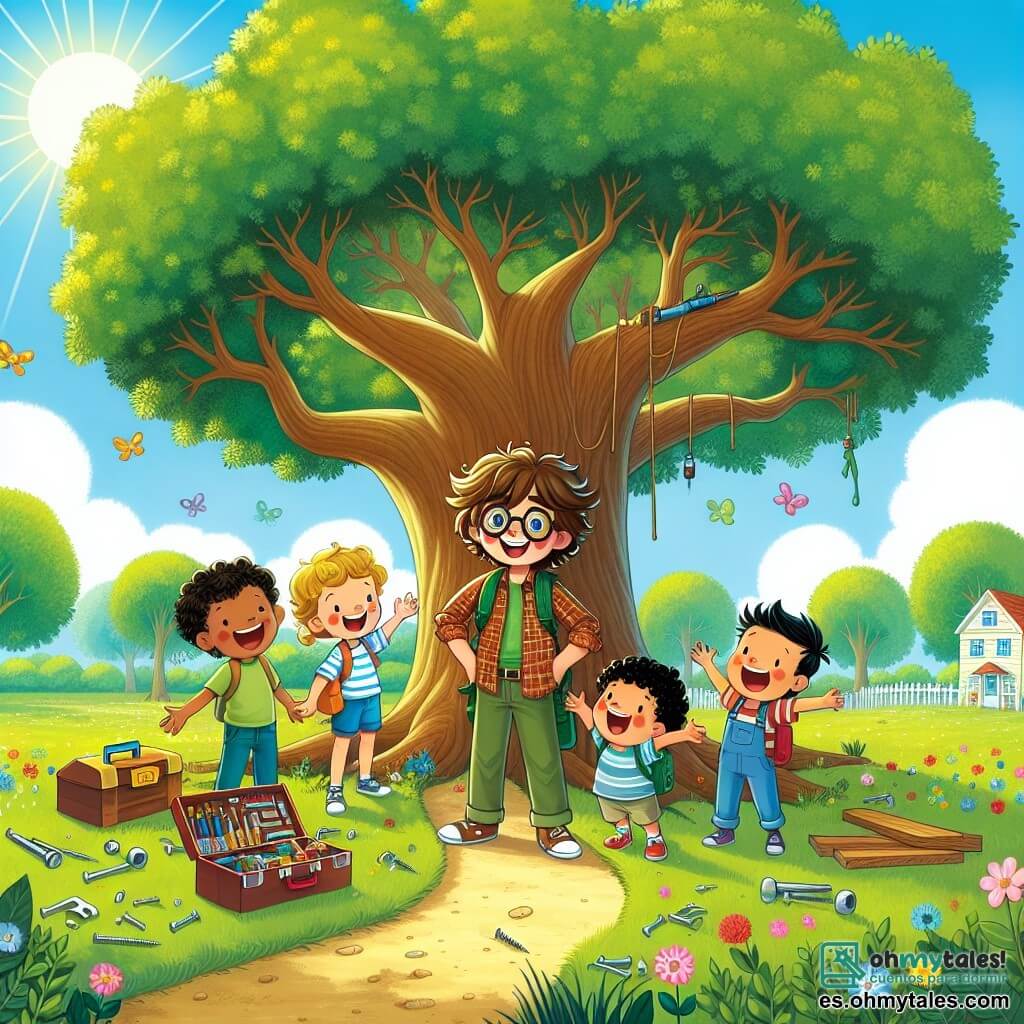 Ilustración que representa una escena alegre en un parque soleado, con un gran roble en el centro, cuyas ramas se extienden como brazos acogedores. Flores coloridas salpican la hierba verde y un pequeño camino de tierra serpentea por el parque. Al pie del árbol, cuatro amigos están reunidos: un niño de unos 10 años con gafas un poco torcidas y cabello castaño alborotado, sonriendo con entusiasmo; un niño de 11 años con cabello rubio y rizado, que lleva una camisa a cuadros y sostiene una caja de herramientas llena de gadgets; un niño de 10 años con cabello negro y gran energía, riendo a carcajadas; y un niño de 9 años, el más pequeño, con cabello castaño y una mirada chispeante, sosteniendo un globo colorido. La situación principal muestra a los amigos construyendo una casa en el árbol, rodeados de tablas de madera y cuerdas, con tornillos y clavos esparcidos a su alrededor. Uno de los niños está subido en una rama, tratando de atar una cuerda, mientras los otros lo miran con admiración y ríen. Burbujas de diálogo coloridas flotan a su alrededor, expresando su alegría y bromas. Al fondo, el cielo es de un azul brillante, salpicado de algunas nubes blancas esponjosas, y los pájaros vuelan alegremente. Niños juegan a lo lejos, sumando a la atmósfera festiva y amigable de la escena.