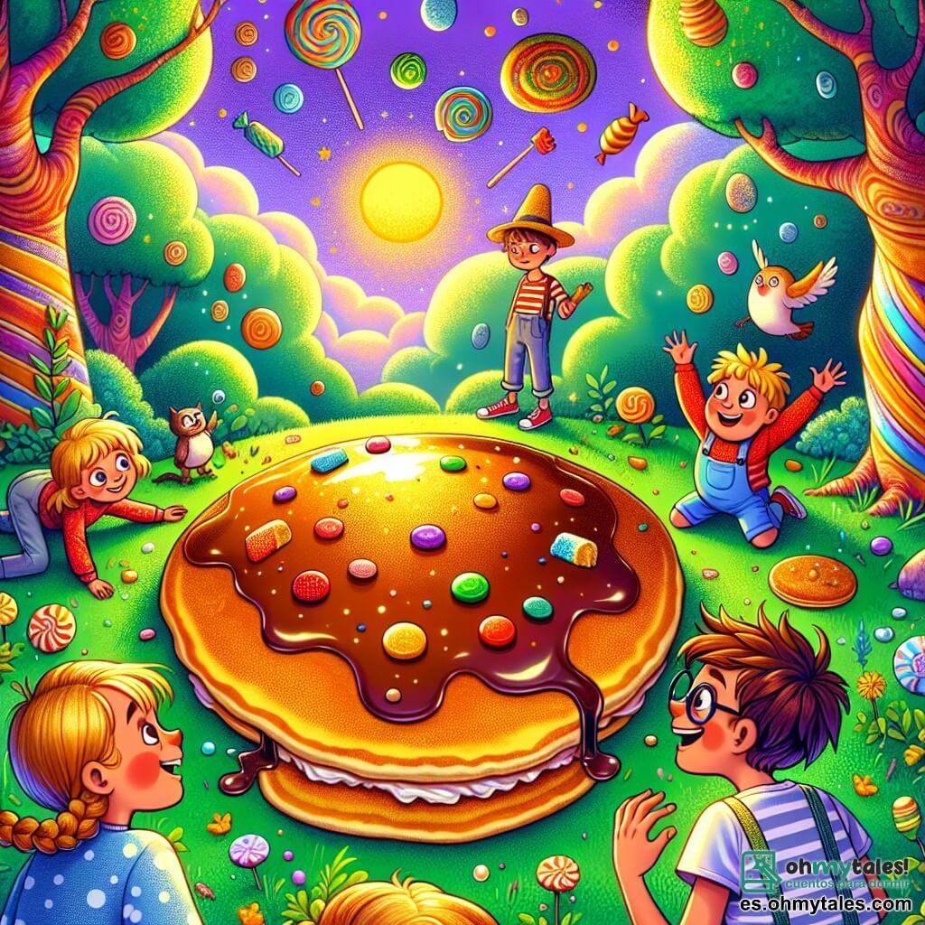 Ilustración que representa una escena colorida y divertida en un parque encantado. El cielo es de un violeta brillante, salpicado de nubes en forma de caramelos. En el centro, una galleta gigante, dorada y brillante, reposa sobre la hierba verde, desprendiendo un delicioso aroma a chocolate. Cuatro niños están alrededor de la galleta: un niño de unos 10 años, con el pelo castaño desordenado, una camiseta roja y pantalones cortos azules, mira la galleta con ojos desorbitados. A su lado, una niña de 9 años, con trenzas rubias y un vestido de lunares, sonríe mientras sostiene un trozo de galleta. Otro niño, de 11 años, con gafas y un suéter a rayas, parece dudoso, mientras que un niño más pequeño, de 8 años, con pelo rizado y un sombrero de paja, ríe a carcajadas. La escena principal muestra a los niños compartiendo la galleta mágica, sus rostros iluminados por la emoción y la curiosidad. Al fondo, árboles de troncos coloridos y pájaros volando al revés añaden un toque de absurdo. Burbujas de refresco flotan en el aire, y peces cantores se pueden ver en una pequeña fuente cercana, reforzando la atmósfera fantástica y alegre de esta escena.