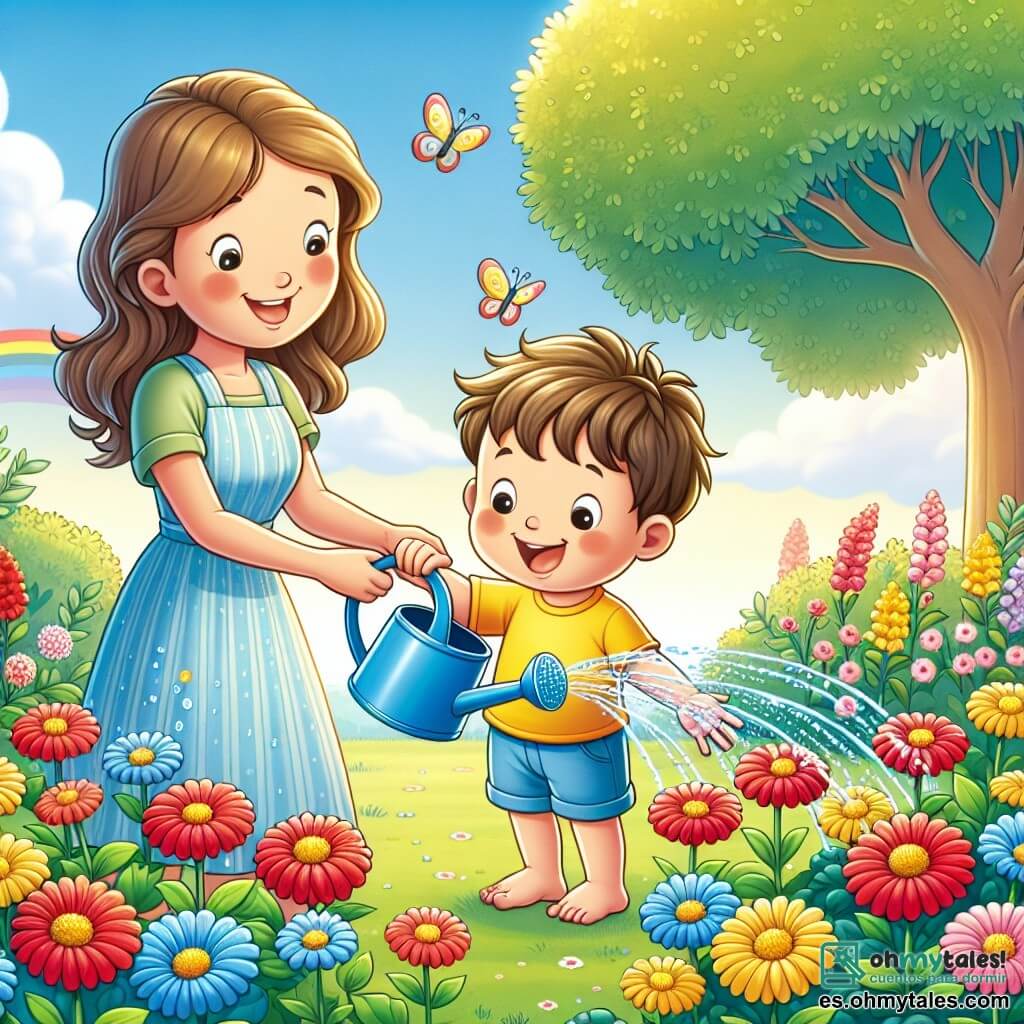 Ilustración que representa un jardín en verano, lleno de flores brillantes de colores vivos: rojas, amarillas y azules, bajo un cielo azul claro salpicado de algunas nubes blancas. En el centro, un niño de 2 años, con cabello castaño desordenado, lleva una camiseta amarilla y un pantalón corto azul, se arrodilla felizmente para regar las flores con una pequeña regadera de plástico. A su lado, una mujer de unos 30 años, con largos cabellos castaños recogidos en una coleta, sonríe mientras mira a su hijo, vestida con un vestido ligero y colorido. La escena muestra al niño salpicando ligeramente agua, con gotas brillando al sol, mientras su madre lo anima con una mirada llena de amor. Al fondo, se puede ver un gran árbol que ofrece sombra, y mariposas coloridas danzan alrededor de las flores, añadiendo un toque de magia a este momento de complicidad y alegría veraniega.