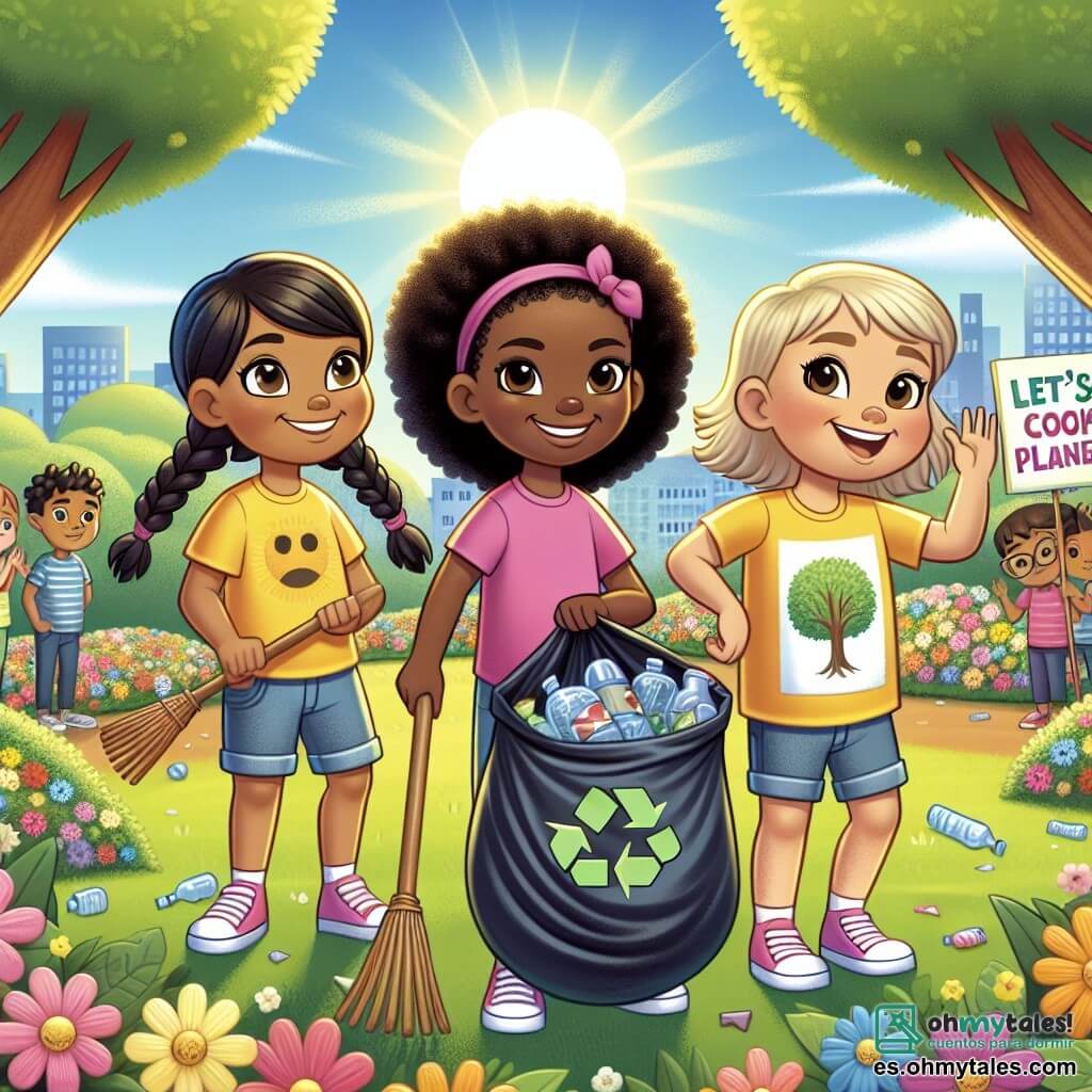 Ilustración que representa un parque soleado, lleno de flores coloridas y árboles frondosos. En primer plano, tres chicas de unos ocho años, sonrientes y llenas de energía, están recogiendo basura. Una de ellas, con largos cabellos castaños y una trenza, lleva una camiseta amarilla brillante y sostiene una botella de plástico en su mano. La segunda, con cabello rizado y negro, viste una camiseta azul y sonríe mientras sostiene una gran bolsa de basura. La tercera, con cabello rubio y una pequeña coleta, lleva una camiseta rosa y muestra un cartón con un dibujo de un árbol y el mensaje "¡Cuidemos nuestro planeta!" escrito en letras coloridas. Al fondo, otros niños las miran con curiosidad, algunos aplaudiendo y otros sosteniendo pancartas sobre la protección del medio ambiente. El cielo es de un azul brillante, sin nubes, simbolizando la esperanza y la alegría de su acción colectiva para salvar el planeta.