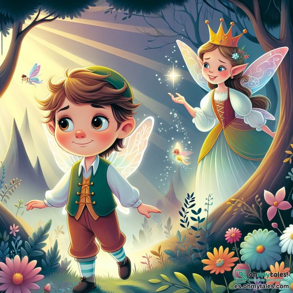 Une illustration destinée aux enfants représentant un petit garçon malicieux, perdu dans une forêt enchantée, accompagné d'une fée sage et bienveillante, dans un royaume rempli de magie et de mystère.