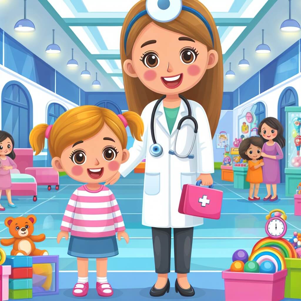 Une illustration destinée aux enfants représentant une femme médecin souriante, accompagnée d'une petite fille curieuse, dans un hôpital lumineux rempli de couloirs colorés et de salles remplies de jouets.