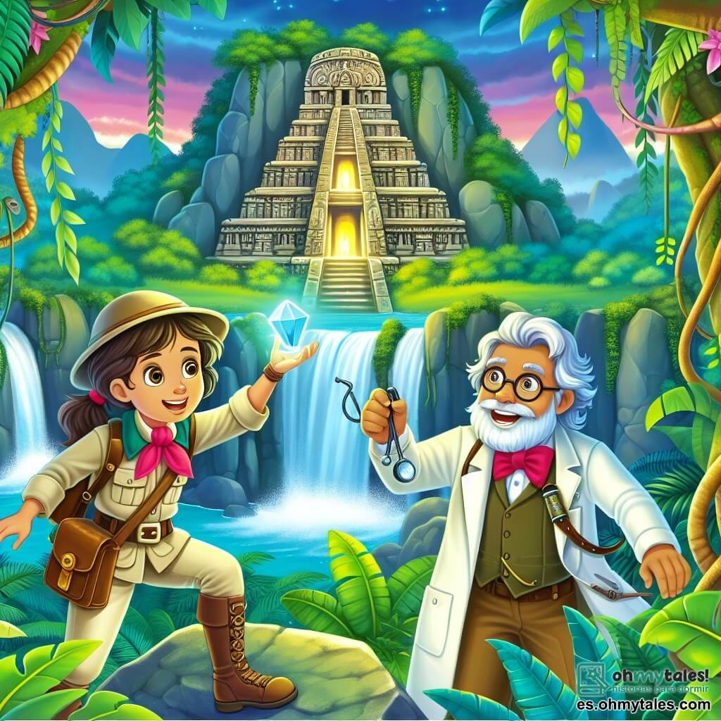 Une illustration destinée aux enfants représentant une courageuse exploratrice, accompagnée d'un scientifique jovial, découvrant un mystérieux temple perdu au cœur d'une île tropicale luxuriante, où s'entremêlent des lianes colorées et des cascades scintillantes.