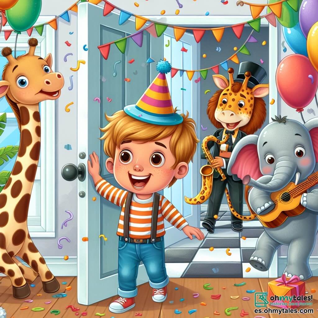 Une illustration destinée aux enfants représentant un petit garçon curieux se retrouvant dans une fête loufoque et absurde, accompagné d'une jirafe danseuse et d'un éléphant musicien, dans une salle remplie de confettis et de ballons colorés.