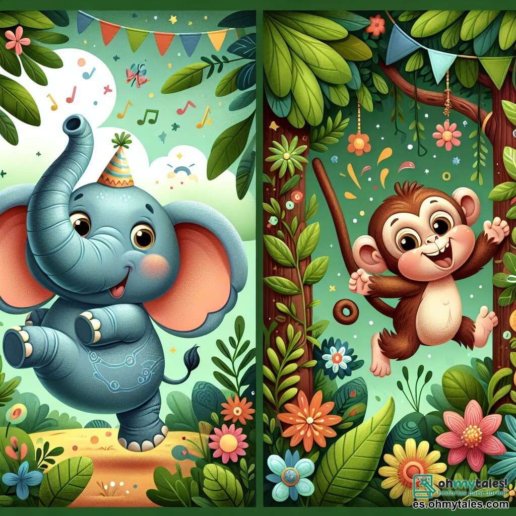 Une illustration destinée aux enfants représentant un éléphant espiègle se préparant pour une grande fête dans une jungle luxuriante, accompagné de son ami singe joueur et farceur, au milieu d'arbres verts et de fleurs colorées.