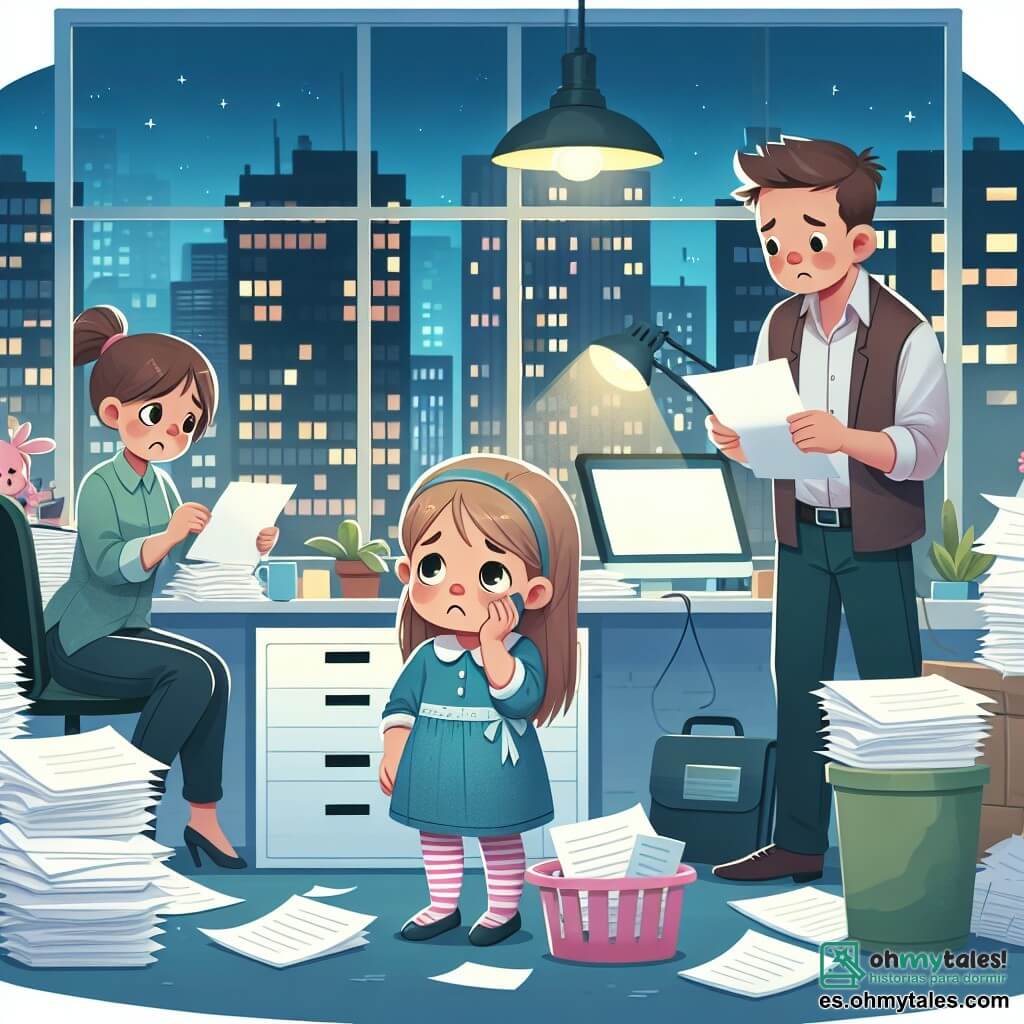 Une illustration destinée aux enfants représentant une petite fille triste discutant avec ses parents occupés dans leur bureau, entourés de piles de papiers et d'ordinateurs, dans un appartement en ville avec des lumières brillantes à l'extérieur.