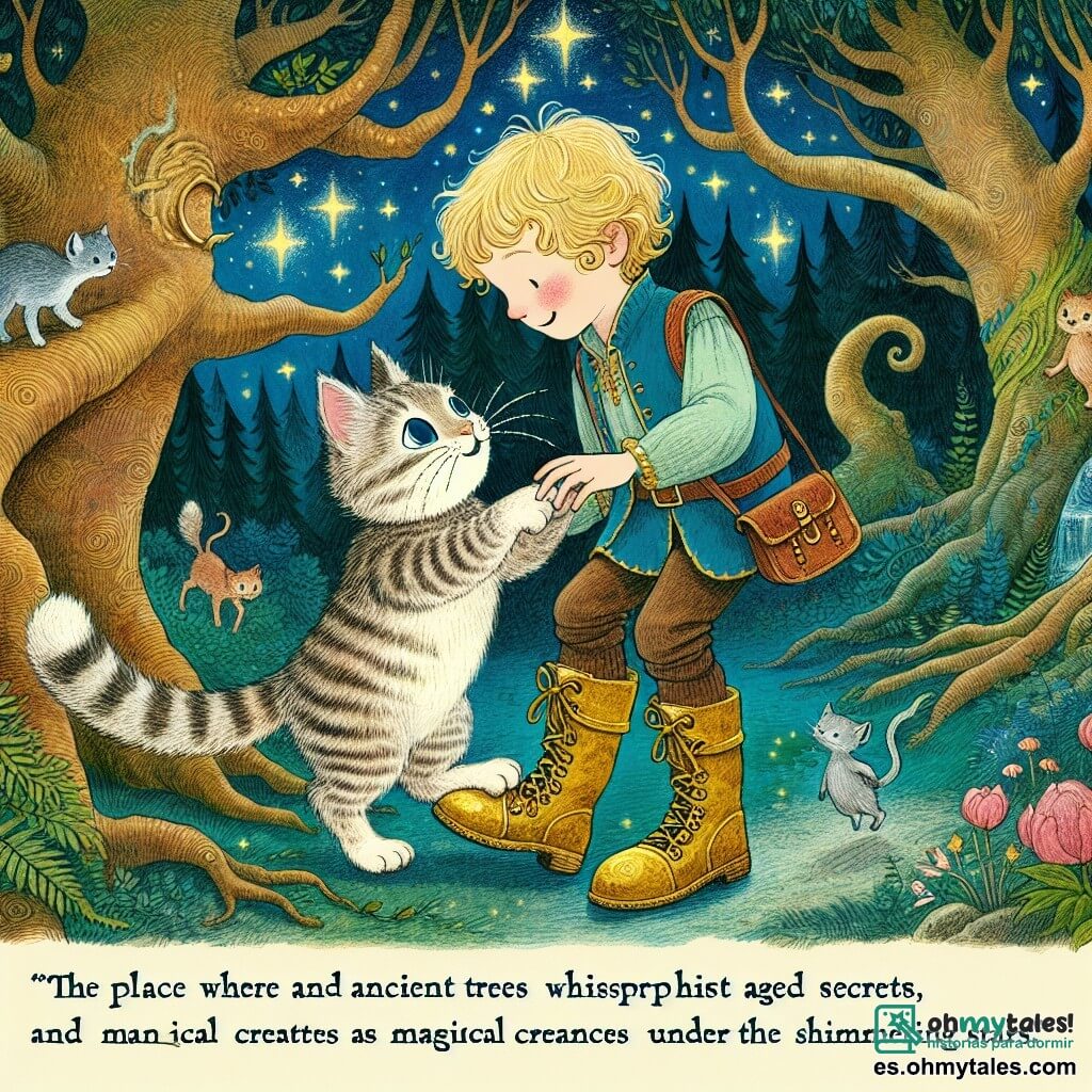 Une illustration destinée aux enfants représentant un chat rusé vêtu de bottines magiques, aidant un jeune garçon à protéger le bosque encantado, un lieu où les arbres centenaires murmurent des secrets anciens et les créatures magiques dansent sous la lueur des étoiles scintillantes.