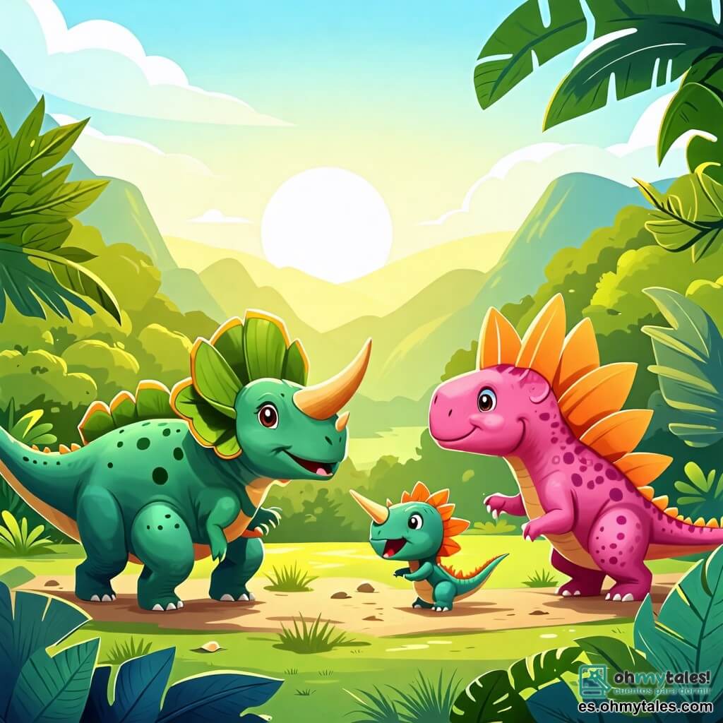 Une illustration sous forme de dessin destinée aux enfants représentant un paysage verdoyant et ensoleillé d'un vallon préhistorique, où un tricératops aux écailles vertes et aux trois cornes distinctes joue joyeusement, entouré de son amie estégosaure à la peau rose et aux plaques dorsales en forme de feuilles, tandis qu'un grand tyrannosaure au sourire amical les invite à jouer, le tout baigné dans une atmosphère de camaraderie et d'aventure.