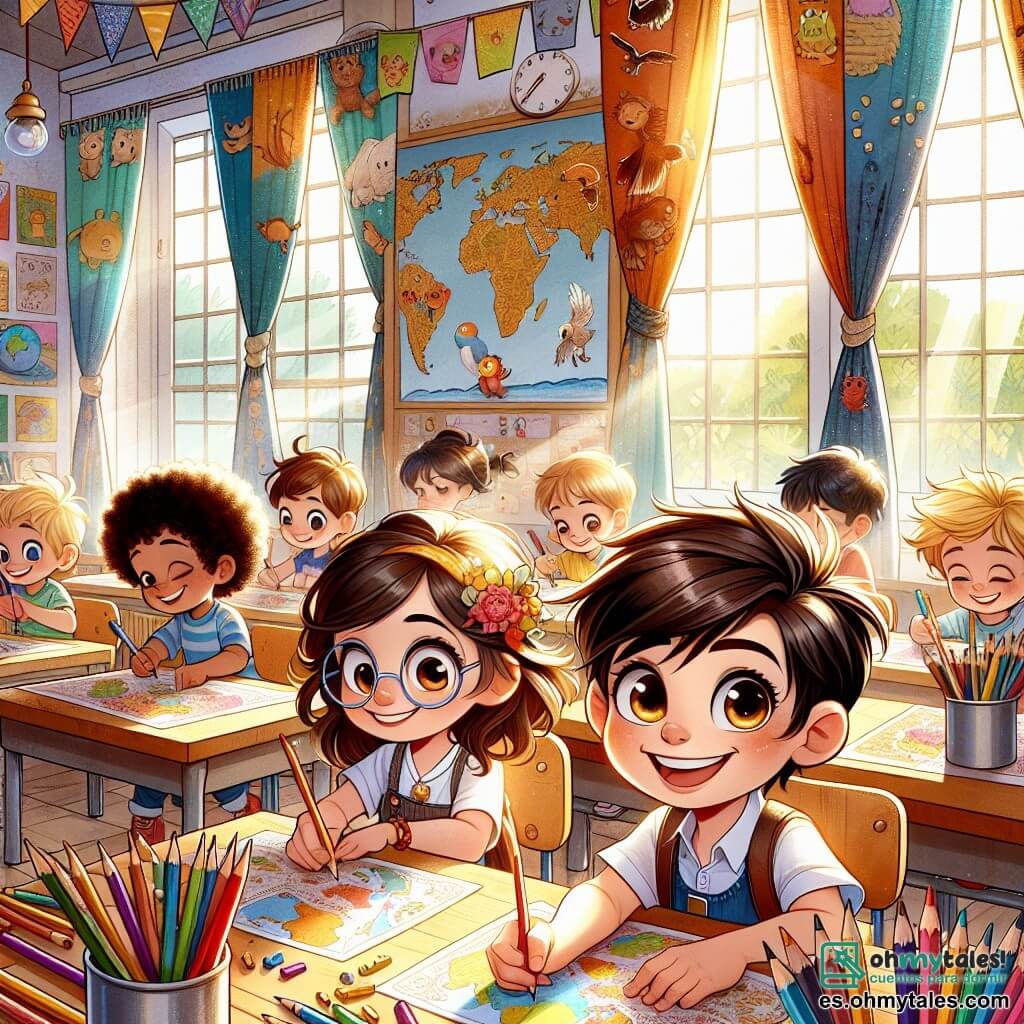 Une illustration destinée aux enfants représentant un garçon aux cheveux châtains et aux yeux pétillants, débordant d'énergie et de curiosité, se tenant au milieu d'une salle de classe colorée, où les murs sont décorés de dessins d'animaux et de cartes du monde, entouré de ses camarades de classe, une fille aux tresses dorées et un garçon aux lunettes rondes, tous en train de créer des cartes de remerciement pour leur maîtresse dans une atmosphère joyeuse et animée, avec des crayons de toutes les couleurs éparpillés sur les tables en bois, tandis que la lumière du soleil filtre à travers les grandes fenêtres ornées de rideaux à motifs, illuminant les sourires radieux et l'excitation palpable de cette journée spéciale marquant la fin de l'année scolaire.