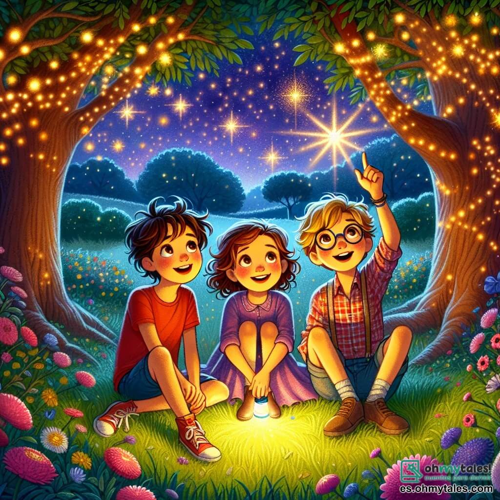 Ilustración que representa un parque mágico al atardecer, con árboles de hojas brillantes y un cielo lleno de estrellas resplandecientes. En el centro de la imagen, tres niños están reunidos: un niño de 7 años con cabello castaño desordenado, vistiendo una camiseta roja y pantalones cortos azules, que mira al cielo con asombro. A su lado, un niño de 8 años con gafas y cabello rubio, vestido con una camisa a cuadros, sonríe mientras señala una estrella. Finalmente, una niña de 6 años con cabello rizado y un vestido violeta, que sostiene una pequeña linterna, ilumina el rostro de sus amigos con una sonrisa reconfortante. Los niños están sentados en la hierba, rodeados de flores coloridas, y parecen felices, descubriendo juntos la belleza de la noche. Sombras suaves bailan a su alrededor, pero su amistad ilumina la oscuridad, creando una atmósfera cálida y mágica.