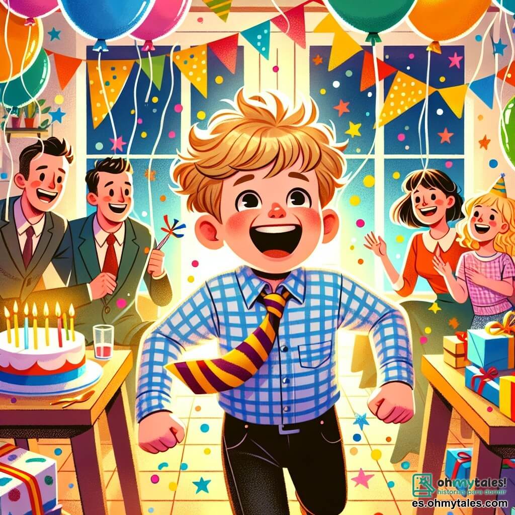 Une illustration destinée aux enfants représentant un petit garçon joyeux et énergique, entouré de sa famille et de ses amis, célébrant son anniversaire dans une maison décorée de ballons colorés et de guirlandes festives.
