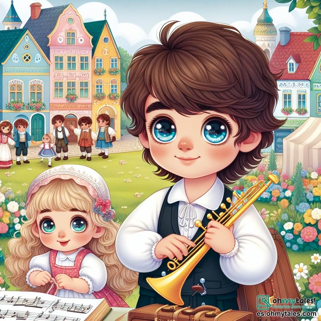Une illustration destinée aux enfants représentant un jeune musicien aux cheveux bruns et aux yeux pétillants, accompagné d'une fillette aux boucles dorées, préparant un festival musical dans la charmante place du village de Melodía, avec des maisons colorées et des arbres en fleurs.