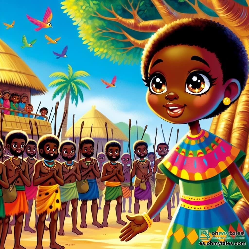 Une illustration sous forme de dessin destinée aux enfants représentant une vibrante scène dans la chaleureuse aldea de Ngoma, où une jeune femme aux yeux pétillants et à la peau dorée, vêtue d'une tunique colorée, se tient courageusement devant un groupe de chasseurs robustes aux visages marqués par la détermination, tandis qu'elle propose avec passion une solution pacifique pour préserver l'harmonie entre leurs deux communautés, le tout sous un grand baobab majestueux, avec des oiseaux colorés volant dans un ciel bleu éclatant.