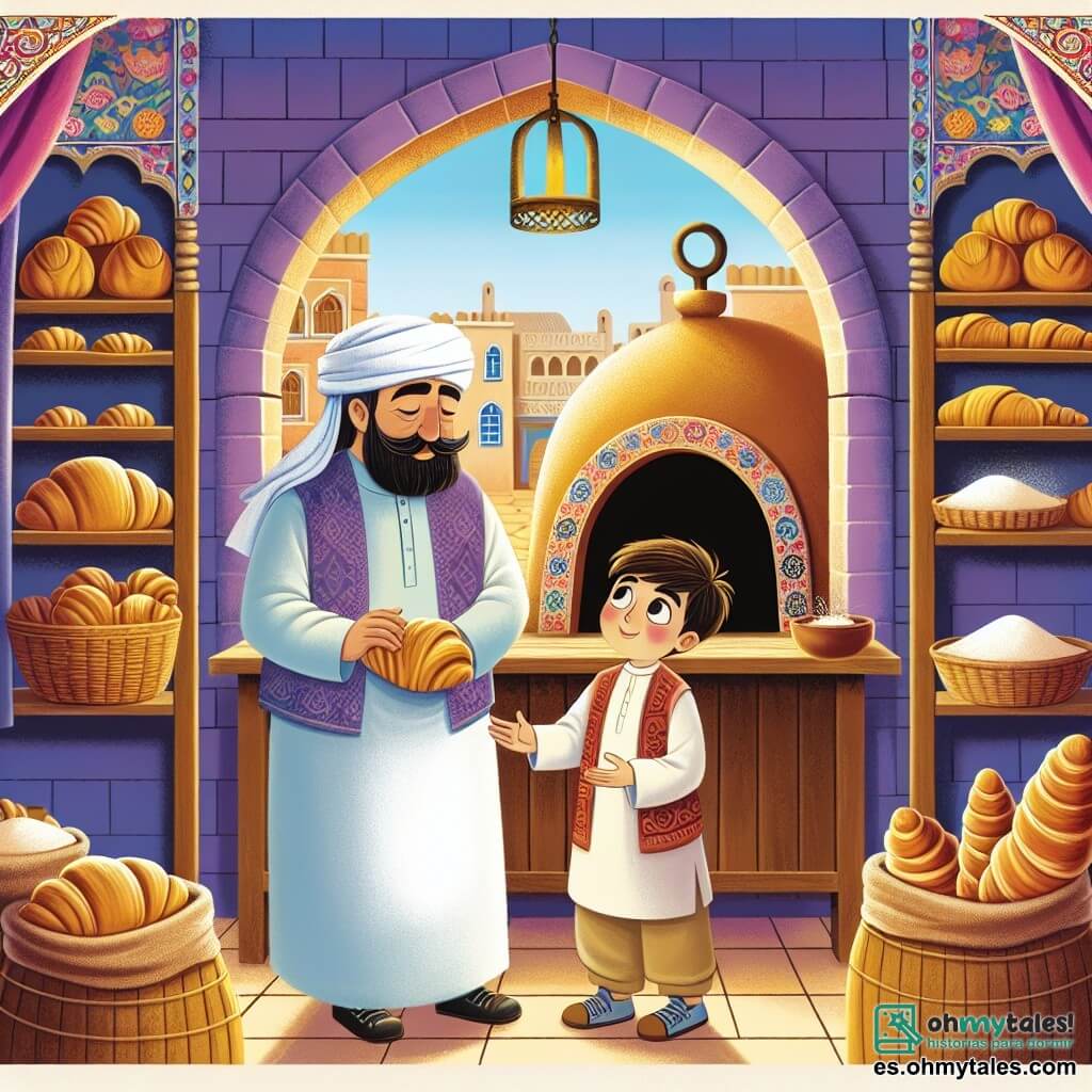 Une illustration destinée aux enfants représentant un boulanger homme en train d'enseigner à un garçon curieux comment faire du pain, dans une charmante boulangerie nommée "Le Horno Mágico" située au cœur du village de Panville, avec des sacs de farine colorés et des croissants dorés qui emplissent l'air de délicieuses odeurs.