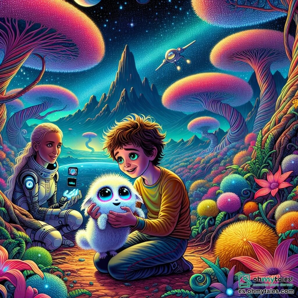 Ilustración que representa una escena vibrante en un planeta extraterrestre, donde una vegetación exuberante de plantas de colores brillantes, árboles gigantes con troncos en espiral y flores luminiscentes crean un decorado de cuento de hadas. En el centro de la imagen, un joven de 11 años, con cabello castaño desordenado y ojos brillantes de curiosidad, está agachado, con una sonrisa radiante en su rostro, mientras libera a una pequeña criatura peluda de grandes ojos brillantes, que parece agradecida. Cerca de él, una mujer de unos 30 años, con cabello largo y rubio, vestida con un traje espacial, observa la escena con una mirada benevolente, sosteniendo un dispositivo tecnológico en sus manos. La situación principal muestra al joven ayudando a la criatura, ilustrando un momento de compasión y aventura. En el fondo, se perfilan siluetas de montañas majestuosas bajo un cielo estrellado, añadiendo un toque de misterio y asombro a esta escena de exploración intergaláctica.