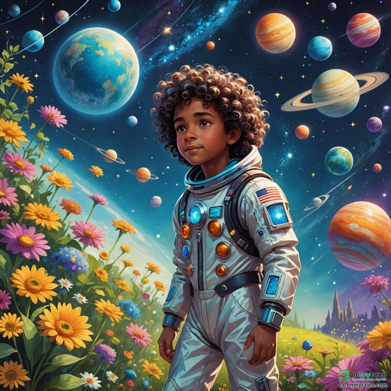 Une illustration destinée aux enfants représentant un homme rêveur aux yeux pétillants, vêtu d'une combinaison spatiale brillante, flottant dans l'immensité étoilée de l'espace, entouré de planètes colorées et de comètes scintillantes, tandis qu'une fille aux cheveux bouclés et à la robe éclatante, son amie curieuse, observe avec émerveillement depuis un jardin verdoyant, où des fleurs multicolores dansent sous la brise nocturne, illuminé par la lumière douce de la lune.