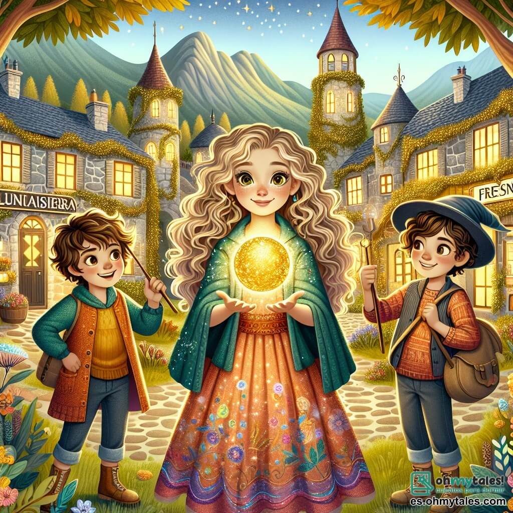 Une illustration sous forme de dessin destinée aux enfants représentant un magnifique village magique de Lunasierra, avec des maisons en pierre recouvertes de vignes scintillantes et des arbres aux feuilles dorées, où une jeune fille apprentie sorcière aux cheveux bouclés et brillants, vêtue d'une robe colorée et tenant une varité de fresno, se tient au centre, entourée de deux amis : un garçon espiègle aux yeux pétillants et une fille souriante aux cheveux longs, tous trois regardant avec émerveillement une sphère dorée lumineuse flottant devant eux, symbolisant leur quête pour retrouver la magie perdue de leur village.