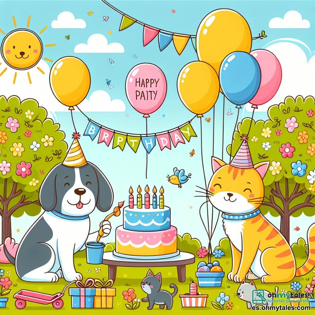 Une illustration destinée aux enfants représentant un chien garçon, un chat garçon, préparant une fête d'anniversaire colorée dans un parc ensoleillé rempli d'arbres en fleurs et de ballons joyeux.