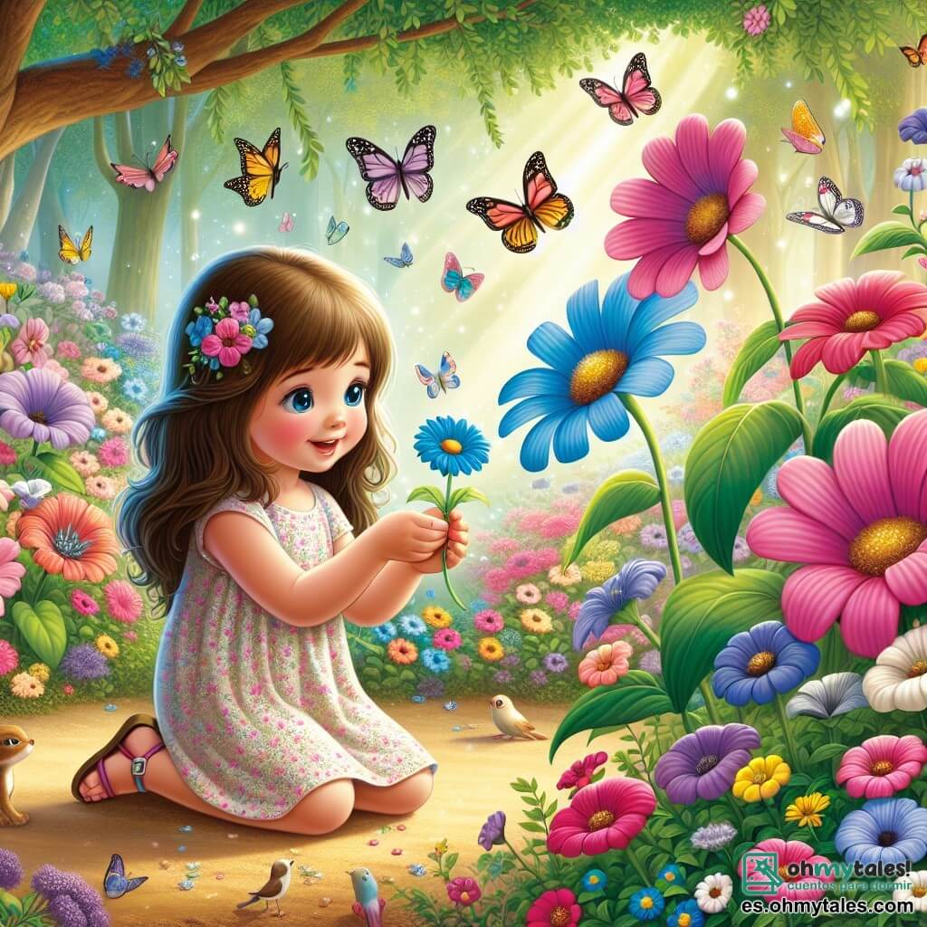 Ilustración que representa un jardín mágico, lleno de flores coloridas con tonos vivos, mariposas danzantes y rayos de sol filtrándose a través de las hojas de los árboles. En el centro, una niña de 3 años, con largos cabellos castaños y ojos brillantes, se arrodilla junto a una pequeña flor azul, ofreciéndole agua con una cálida sonrisa. La niña lleva un vestido ligero con estampados florales y sandalias coloridas. Cerca, un grupo de flores grandes y brillantes, de colores variados, se encuentra al fondo, pareciendo observar la escena con curiosidad. La pequeña flor azul, delicada y frágil, se endereza suavemente, iluminada por la amabilidad de la niña. La atmósfera es alegre y llena de vida, con mariposas revoloteando y pájaros cantando en los árboles, creando un cuadro encantador de amistad y belleza interior.