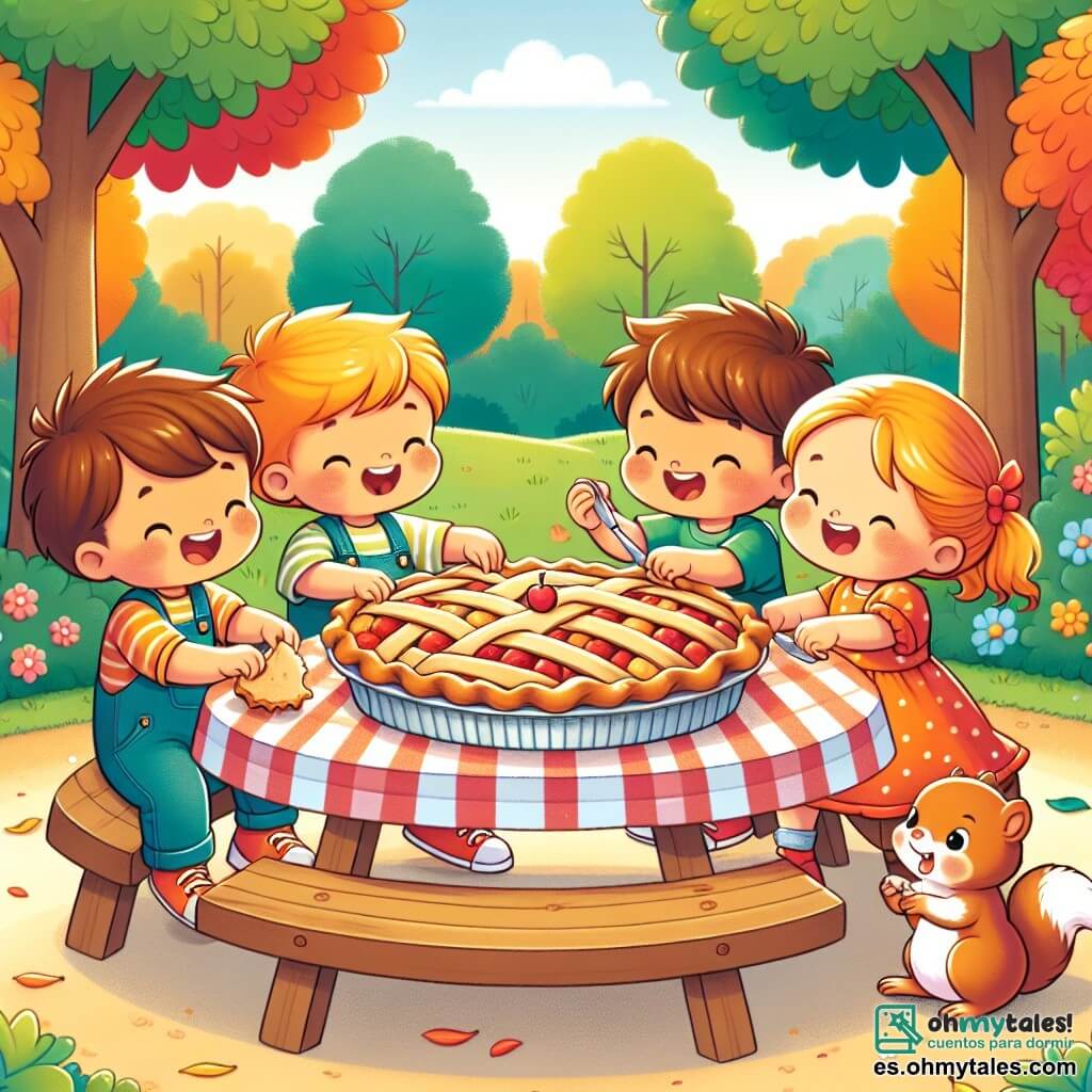 Une illustration sous forme de dessin destinée aux enfants représentant un parc ensoleillé avec des arbres colorés et une grande table de pique-nique, où un groupe de trois enfants de 3 ans, deux garçons aux cheveux bruns et une fille aux cheveux blonds, sont assis joyeusement autour d'une énorme gallette, partageant des morceaux avec une petite ardilla curieuse qui tient une miette dans ses pattes, le tout dans une ambiance d'aventure et d'amitié, avec des rires et des sourires illuminant leurs visages.