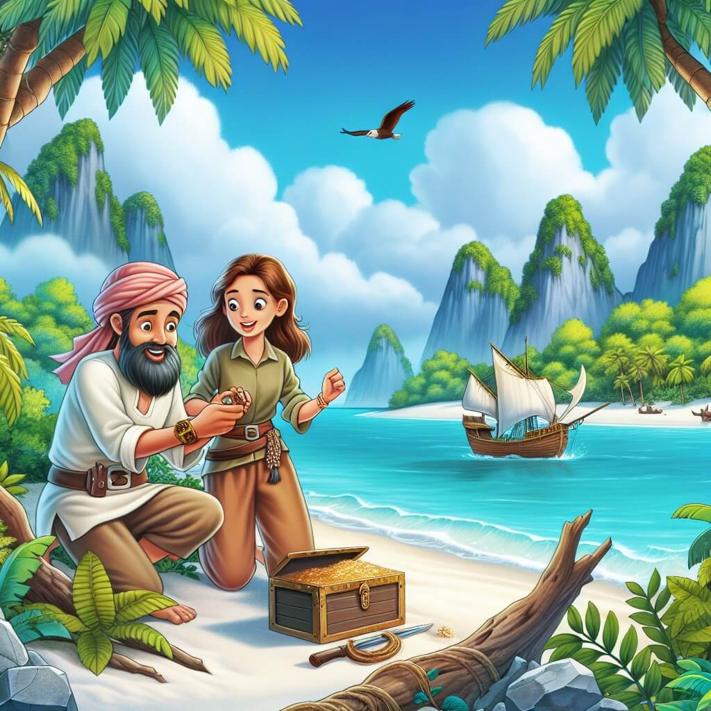 Une illustration destinée aux enfants représentant une exploratrice courageuse, accompagnée d'un guide expérimenté, découvrant une île déserte pleine de trésors cachés, avec une plage de sable blanc, des eaux cristallines et une luxuriante jungle tropicale.