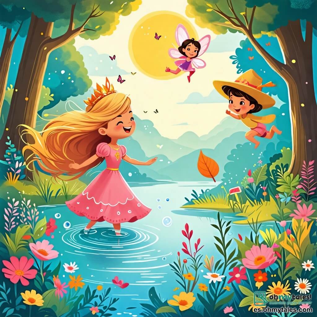 Une illustration sous forme de dessin destinée aux enfants représentant un lac cristallin scintillant au soleil, entouré d'arbres hauts et de fleurs colorées, avec une princesse aux longs cheveux dorés, portant une robe rose et riant joyeusement tout en lançant un petit bateau en feuille sur l'eau, accompagnée d'un petit duende aux yeux malicieux et au grand chapeau, qui court après son propre bateau, tandis qu'une fée aux ailes de mariposa vole au-dessus d'eux, les aidant à récupérer leurs barques emportées par le vent dans une ambiance ludique et enchantée.