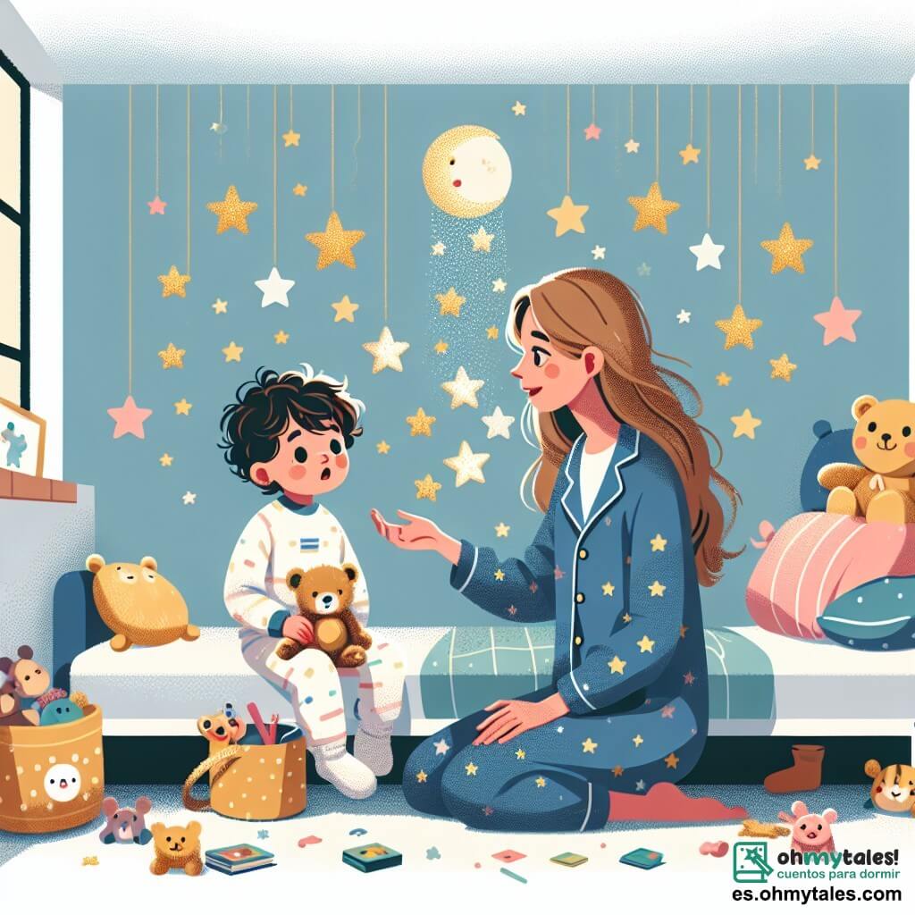 Ilustración que representa una habitación cálida y acogedora, con paredes pintadas de azul pastel y estrellas doradas pegadas al techo. Un niño de 1 año, con cabello rizado y ojos brillantes, está sentado en su cama, rodeado de peluches coloridos. Mira con curiosidad una pequeña lámpara en forma de luna que proyecta estrellas centelleantes en las paredes. A su lado, una mujer de unos treinta años, con cabello largo y castaño y una sonrisa dulce, se arrodilla para tranquilizarlo. Lleva un pijama cómodo y le habla con ternura. La situación principal muestra al niño un poco inquieto pero calmado, mientras las estrellas bailan a su alrededor, creando una atmósfera mágica y reconfortante. Juguetes esparcidos por el suelo añaden un toque lúdico a la escena.