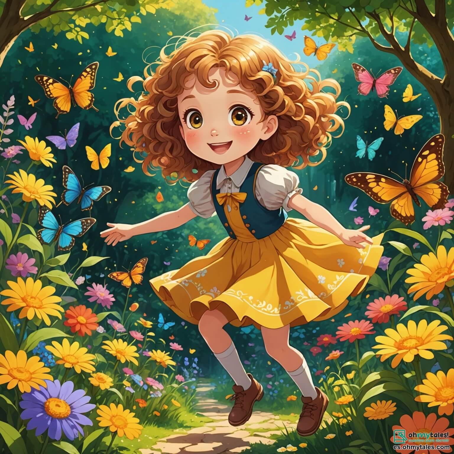 Une illustration destinée aux enfants représentant une petite fille aux cheveux bouclés et brillants, pleine de curiosité et de joie, qui, dans un jardin enchanteur rempli de fleurs colorées, de papillons dansants et de chants d'oiseaux mélodieux, s'efforce de sauver une plante magique aux pétales dorés tout en étant accompagnée de son ami espiègle, un garçon au sourire éclatant, alors qu'ils s'unissent pour nettoyer leur coin de nature et apprendre ensemble l'importance de préserver l'environnement qui les entoure.