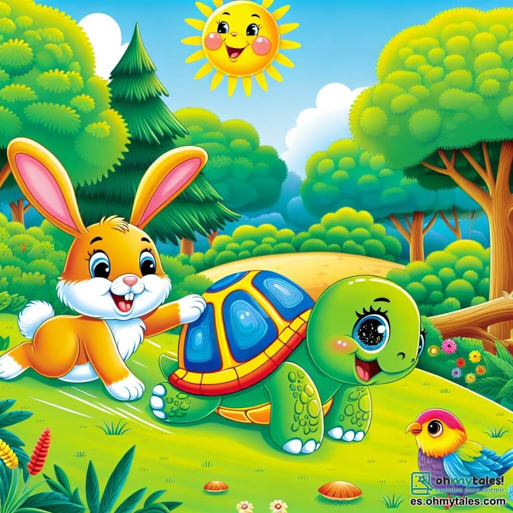 Une illustration sous forme de dessin destinée aux enfants représentant une clairière ensoleillée dans une forêt verdoyante, où une tortue au carapace colorée et aux yeux pétillants se prépare à glisser joyeusement sur une petite colline, entourée de son ami le lapin aux grandes oreilles et au pelage doux, qui l'encourage avec un grand sourire, tandis qu'un oiseau aux plumes vives observe la scène en picorant une branche, capturant l'esprit d'amitié et d'aventure de ce moment amusant.