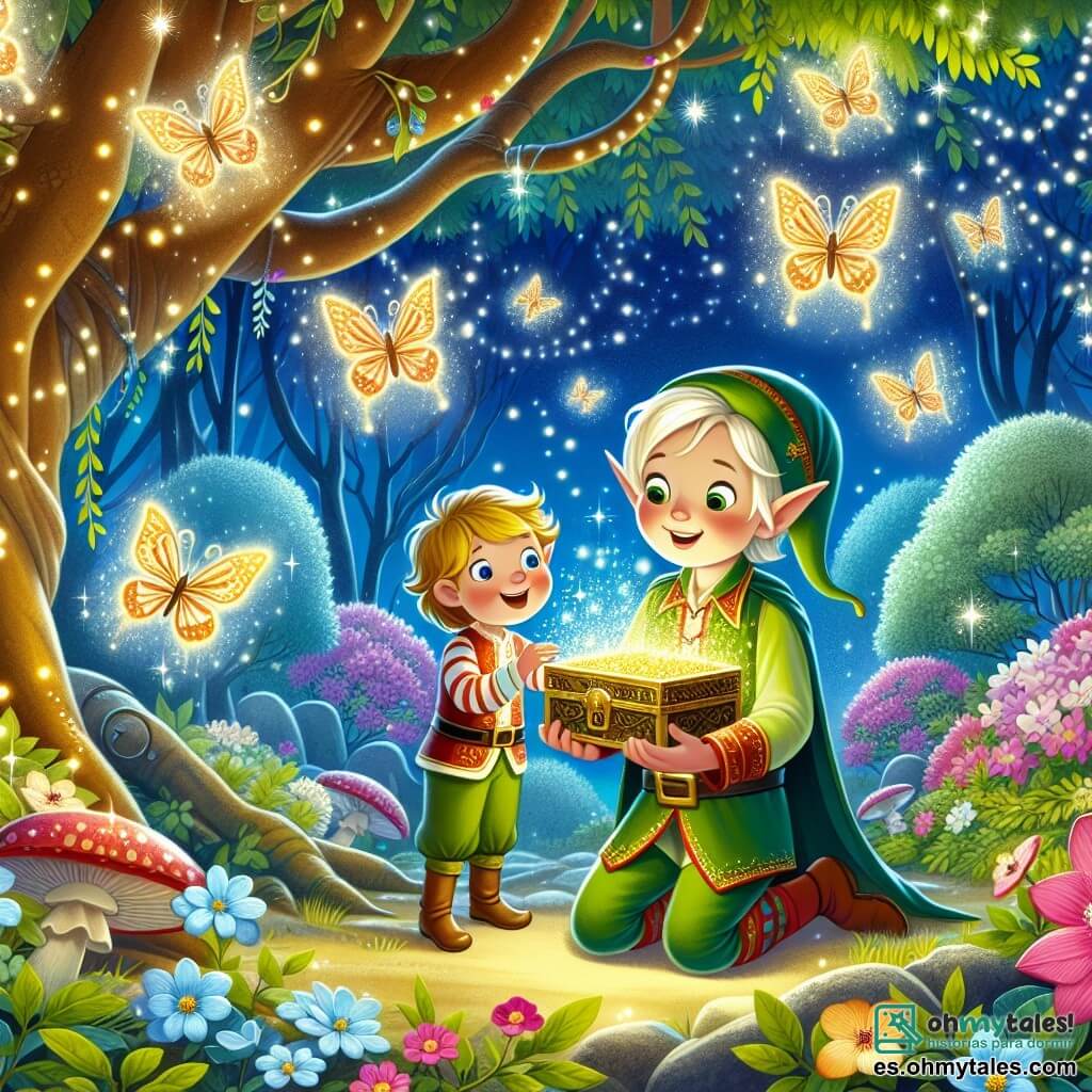 Une illustration destinée aux enfants représentant un elfe étincelant découvrant un trésor magique avec l'aide d'un enfant curieux, dans un bosquet enchanté aux arbres majestueux, aux fleurs lumineuses et aux papillons multicolores virevoltant joyeusement.