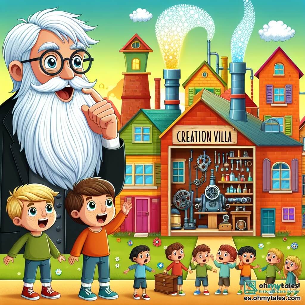 Une illustration destinée aux enfants représentant un inventeur curieux aux longues barbes blanches dans son atelier coloré, accompagné de jeunes enfants émerveillés, à Villa Création, un village aux maisons colorées et aux rues pavées de fleurs.
