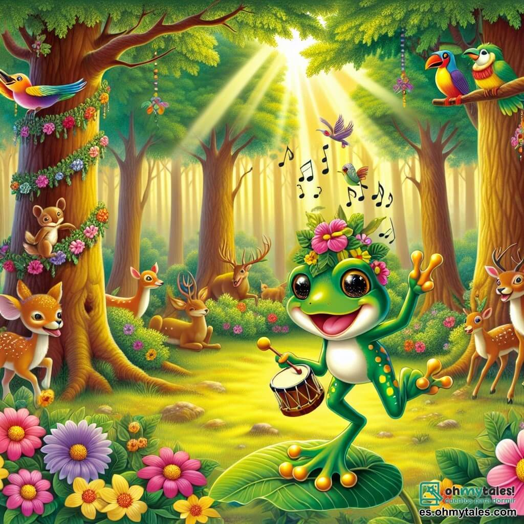 Ilustración que representa un claro de bosque encantado, bañado de luz dorada, con grandes árboles de troncos gruesos y hojas verdes brillantes. Flores coloridas, rosas y amarillas, salpican el suelo, mientras que un gran árbol en el centro sirve de escenario natural, rodeado de guirnaldas de hojas y flores. En primer plano, una pequeña rana verde brillante con manchas amarillas, con grandes ojos redondos y chispeantes, salta alegremente sobre una hoja, sosteniendo un pequeño tambor hecho de hojas. Sonríe ampliamente, llena de entusiasmo por la fiesta que se avecina. Alrededor de ella, varios animales del bosque participan en la fiesta: un tucán colorido con un gran pico, que se posó en una rama, cantando con entusiasmo, y una pequeña ardilla de pelaje rojizo, que baila en una rama, con sus patas delanteras levantadas. En el fondo, ciervos curiosos y aves voladoras añaden a la atmósfera festiva. La escena irradia un ambiente alegre y animado, con notas de música flotando en el aire y risas resonando, ilustrando el momento en que todos los animales se reúnen para celebrar juntos.