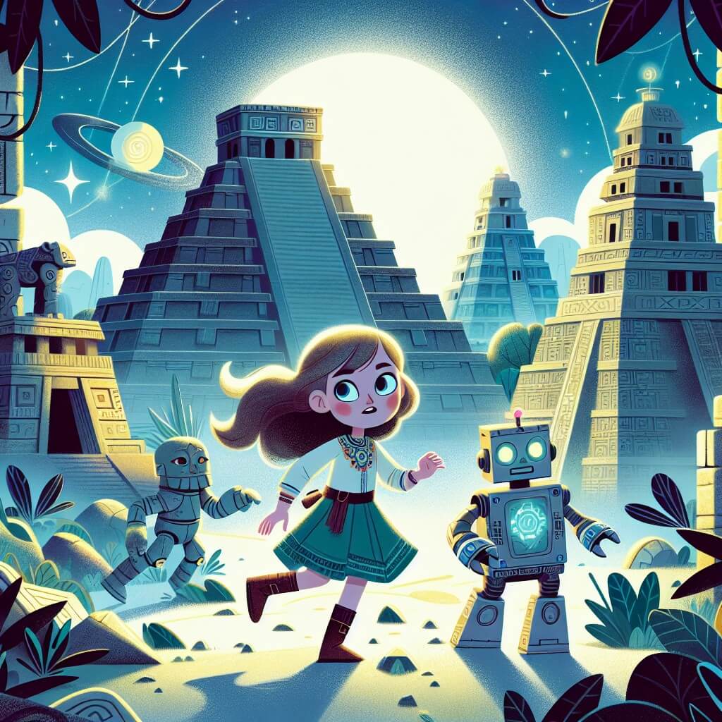 Une illustration destinée aux enfants représentant une jeune fille curieuse, entourée de mystère, accompagnée d'un robot sympathique, explorant une ancienne cité maya remplie de temples majestueux, à la recherche d'un amulette magique perdue.