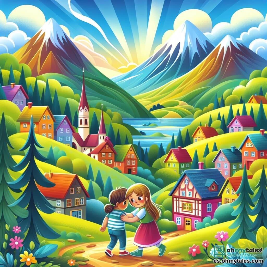 Une illustration destinée aux enfants représentant une jeune fille courageuse, confrontée au harcèlement, trouvant du réconfort dans l'amitié d'une camarade bienveillante, dans un village coloré entouré de montagnes verdoyantes et d'un ciel bleu éclatant.