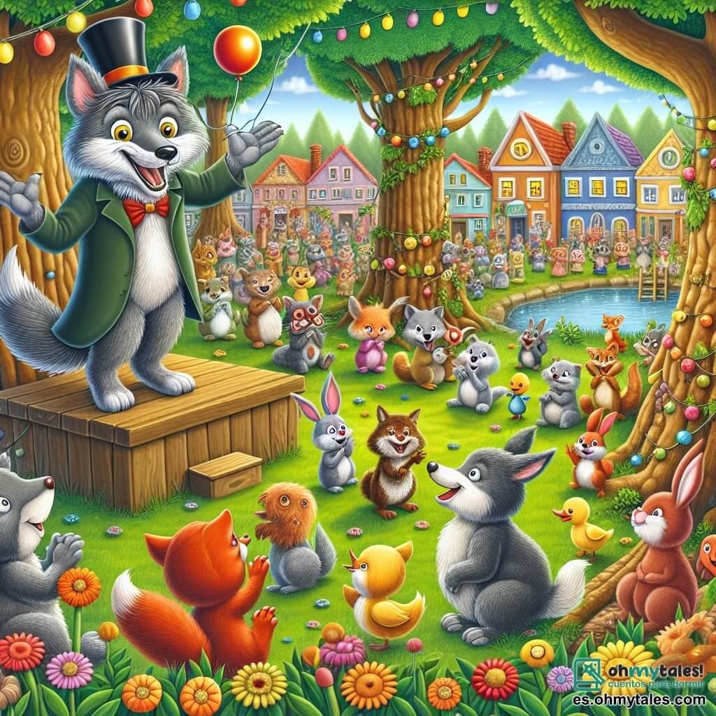 Ilustración que representa una escena alegre en una pequeña plaza animada de un pueblo forestal. Árboles majestuosos con troncos gruesos rodean la plaza, sus hojas verdes brillan bajo el sol, mientras que flores coloridas salpican el suelo. En el centro, un lobo de pelaje gris brillante y ojos chispeantes de malicia se encuentra en un pequeño escenario, riendo y gesticulando con entusiasmo, vestido con un sombrero de mago un poco demasiado grande para él. A su alrededor, varios animales están reunidos, cautivados por su actuación. Una pequeña ardilla de ojos vivos y pelaje rojo aplaude con sus patitas, mientras que un pato de plumaje amarillo brillante se encuentra al lado, riendo a carcajadas. Al fondo, otros animales como conejos y pájaros se agolpan, con miradas divertidas, algunos sosteniendo globos coloridos. La situación principal muestra al lobo contando chistes, haciendo muecas graciosas y provocando risas entre su público. Burbujas de diálogo coloridas flotan a su alrededor, ilustrando sus bromas, mientras que reina un ambiente festivo en el aire, con guirnaldas de flores y confeti cayendo suavemente.