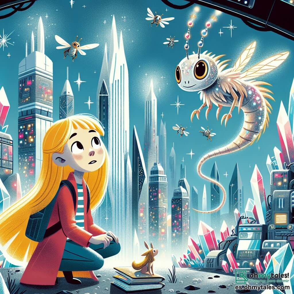 Une illustration destinée aux enfants représentant une fille aux cheveux dorés vivant dans la Ville de Cristal, rencontrant une créature de peau argentée aux antennes brillantes, dans un décor de rascacielos brillants et de robots volants de la Ciudad de Cristal.