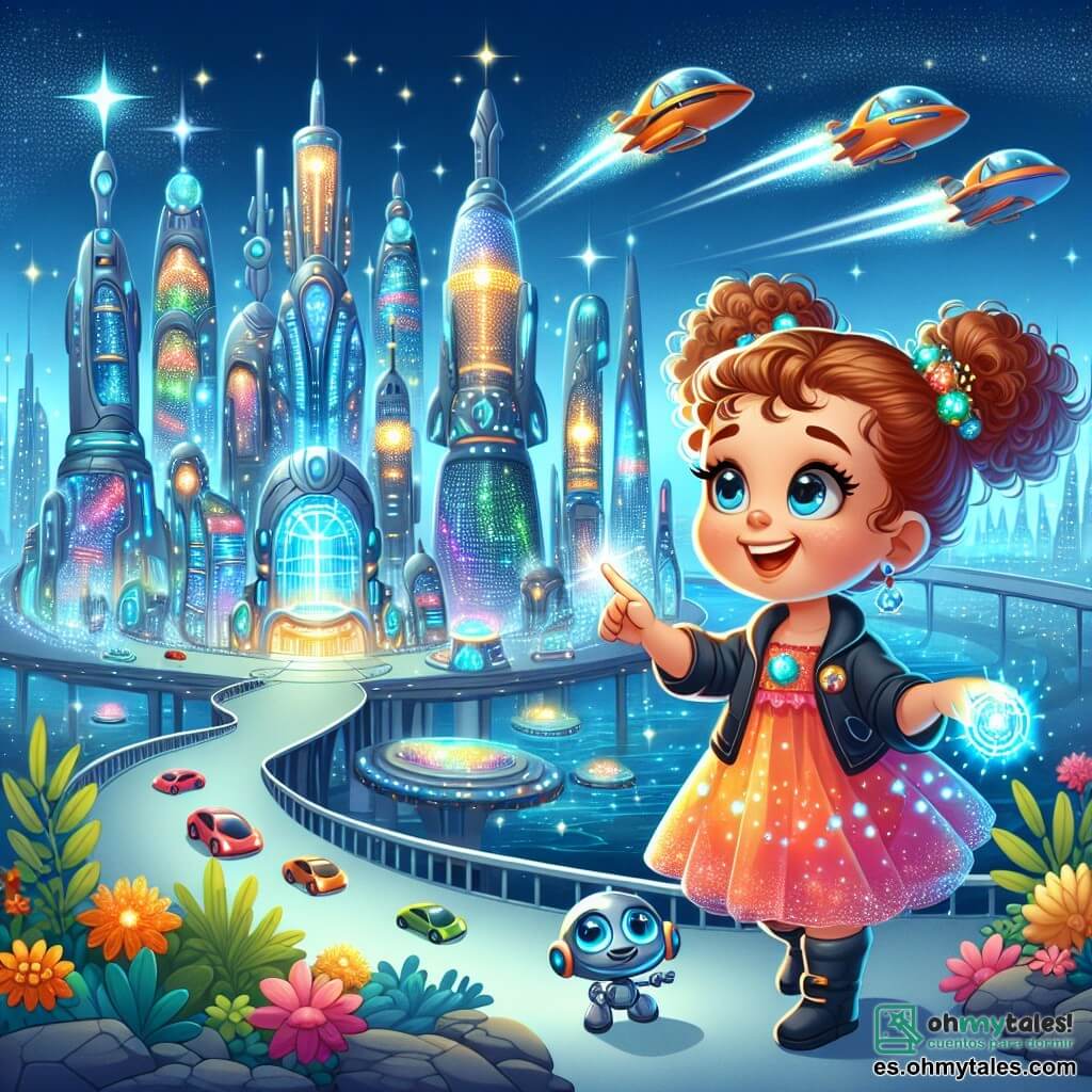 Une illustration sous forme de dessin destinée aux enfants représentant une ville futuriste éclatante avec des bâtiments en verre scintillant et des voitures volantes, où une petite fille de 5 ans aux cheveux bouclés et brillants, vêtue d'une robe colorée, explore avec émerveillement, tenant un anillo lumineux dans sa main, tandis qu'un petit robot amical aux yeux ronds et brillants l'accompagne, souriant et lui montrant les merveilles de cet endroit magique, le tout baigné dans une atmosphère joyeuse et colorée.