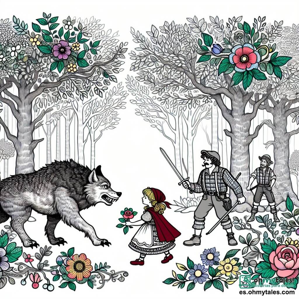 Une illustration destinée aux enfants représentant une fillette courageuse confrontée à un grand méchant loup, avec l'aide de valeureux bûcherons, dans un bosquet enchanté aux arbres majestueux et aux fleurs multicolores.