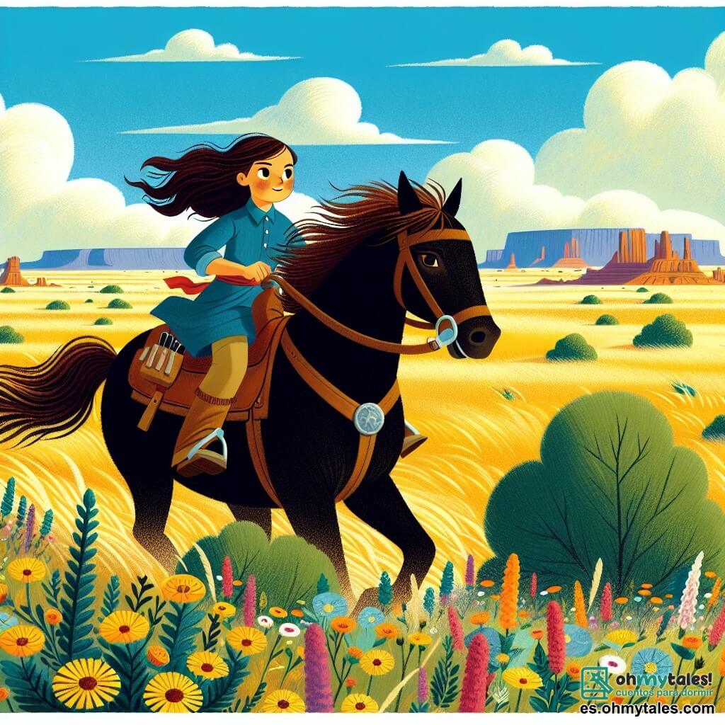 Une illustration destinée aux enfants représentant une jeune fille vaillante, aux cheveux castaños flottant au vent, chevauchant un magnifique cheval noir à travers un vaste paysage de prairies dorées, parsemées de fleurs sauvages aux couleurs éclatantes, tandis qu'elle se lance dans une aventure audacieuse pour aider un jeune garçon navajo à sauver son village menacé par la sécheresse, le tout sous un ciel bleu azur où les nuages blancs dansent doucement.