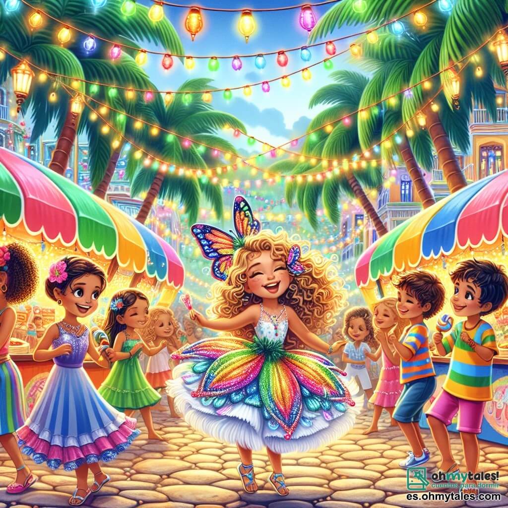 Ilustración que representa una escena vibrante del carnaval en la isla de Isladía. La plaza principal está animada, rodeada de palmeras con hojas verdes brillantes, mientras que guirnaldas de luces de colores centellean sobre las cabezas. Puestos de comida de colores vivos, que ofrecen dulces tropicales, añaden un toque de magia a la atmósfera festiva. En el centro de la imagen, una niña de 11 años se destaca por su cabello dorado en rizos, sus ojos brillantes de alegría y su disfraz de mariposa con alas iridiscentes que brillan bajo el sol. Ella baila con gracia, una sonrisa radiante iluminando su rostro, cautivada por la música animada que resuena a su alrededor. A su lado, un niño de 7 años, con el cabello castaño despeinado y ojos curiosos, observa maravillado a los acróbatas en zancos que se mueven con agilidad. Un poco más lejos, una niña de 12 años, vestida con un vestido colorido, ríe mientras sostiene un cono de caramelos, compartiendo la alegría del momento. La escena principal muestra a la niña bailando en medio de la multitud, rodeada de colores brillantes, risas y música, mientras confeti vuela en el aire, creando un ambiente festivo y alegre. Personajes con trajes llamativos, máscaras e instrumentos musicales añaden a la magia de este carnaval inolvidable.