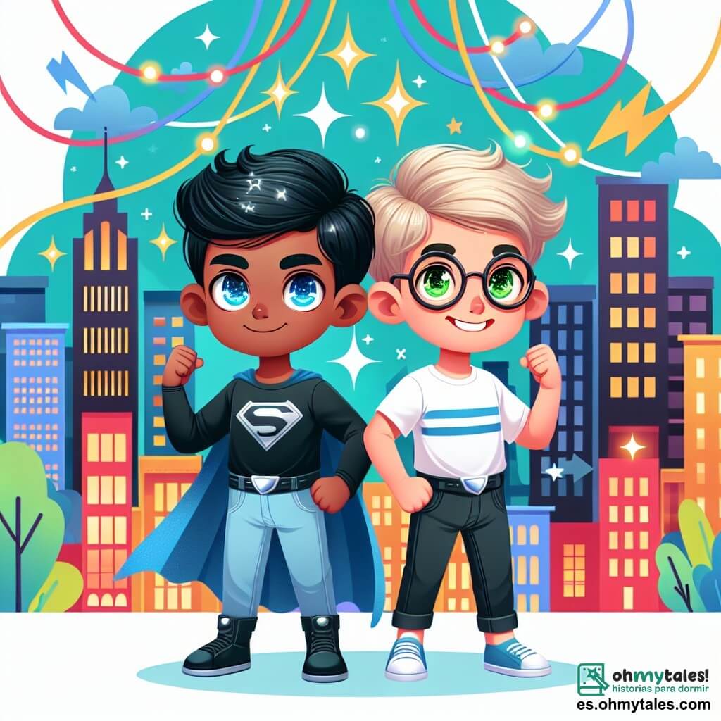Une illustration destinée aux enfants représentant un jeune garçon aux cheveux noirs et aux yeux brillants, doté de super-pouvoirs, accompagné de son meilleur ami, un garçon blond aux yeux verts et aux lunettes, dans une ville animée aux gratte-ciel étincelants et aux rues colorées.