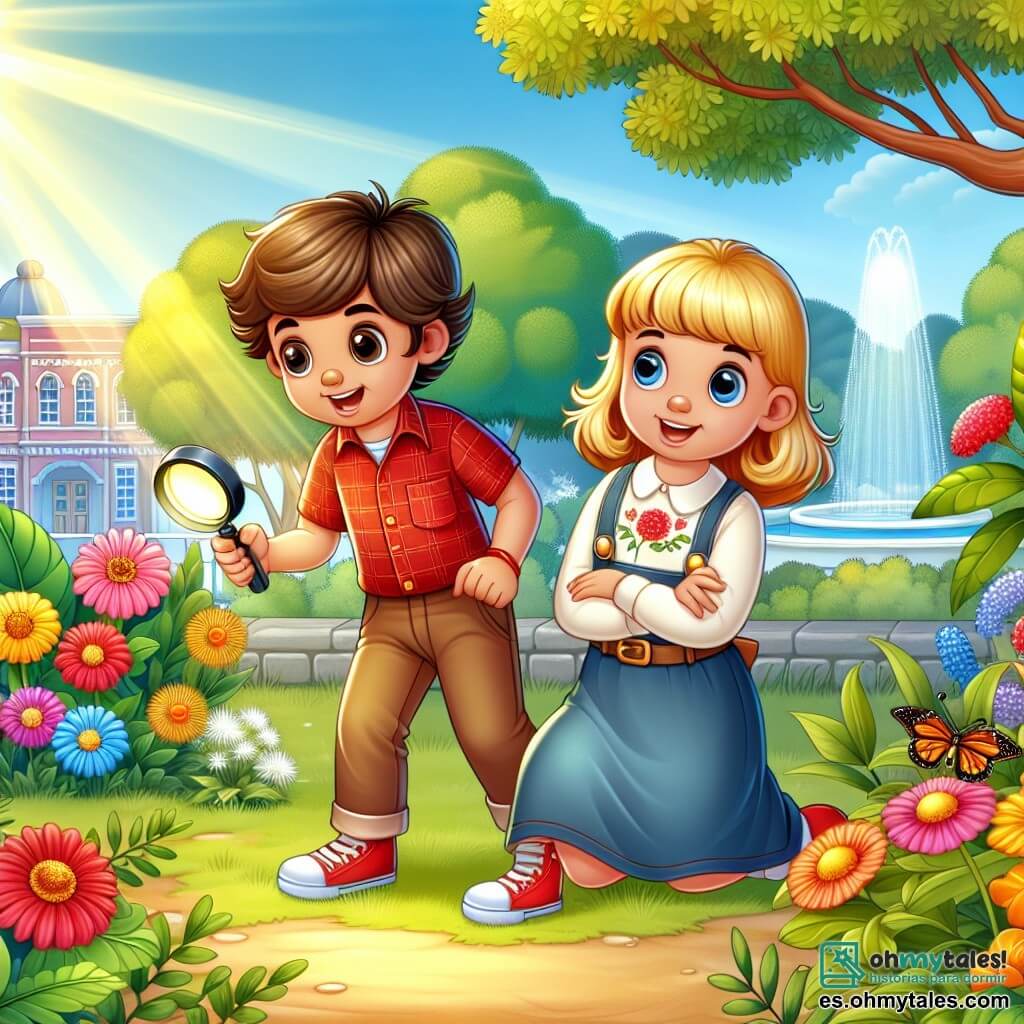 Une illustration destinée aux enfants représentant un garçon curieux et courageux, accompagné de sa sœur aînée, enquêtant sur un mystère dans le charmant parc ensoleillé et coloré de Villa Esperanza.