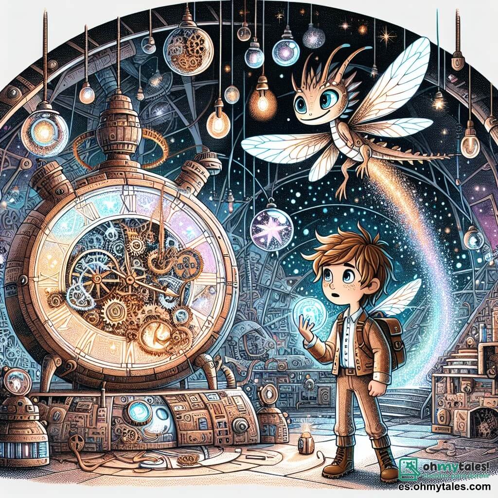 Une illustration sous forme de dessin destinée aux enfants représentant un atelier futuriste rempli d'engrenages flottants et de lumières scintillantes, où un garçon de 9 ans aux cheveux châtains et aux yeux pétillants, vêtu d'une combinaison d'aventurier, se tient émerveillé devant un grand et mystérieux horloge de sable intergalactique qui brille de mille feux, tandis qu'une petite créature ailée, avec des ailes de libellule et des yeux lumineux, flotte à ses côtés, les deux personnages se préparant à affronter un dragon de vapeur qui menace de voler le soleil de cristal du royaume magique qu'ils doivent sauver.