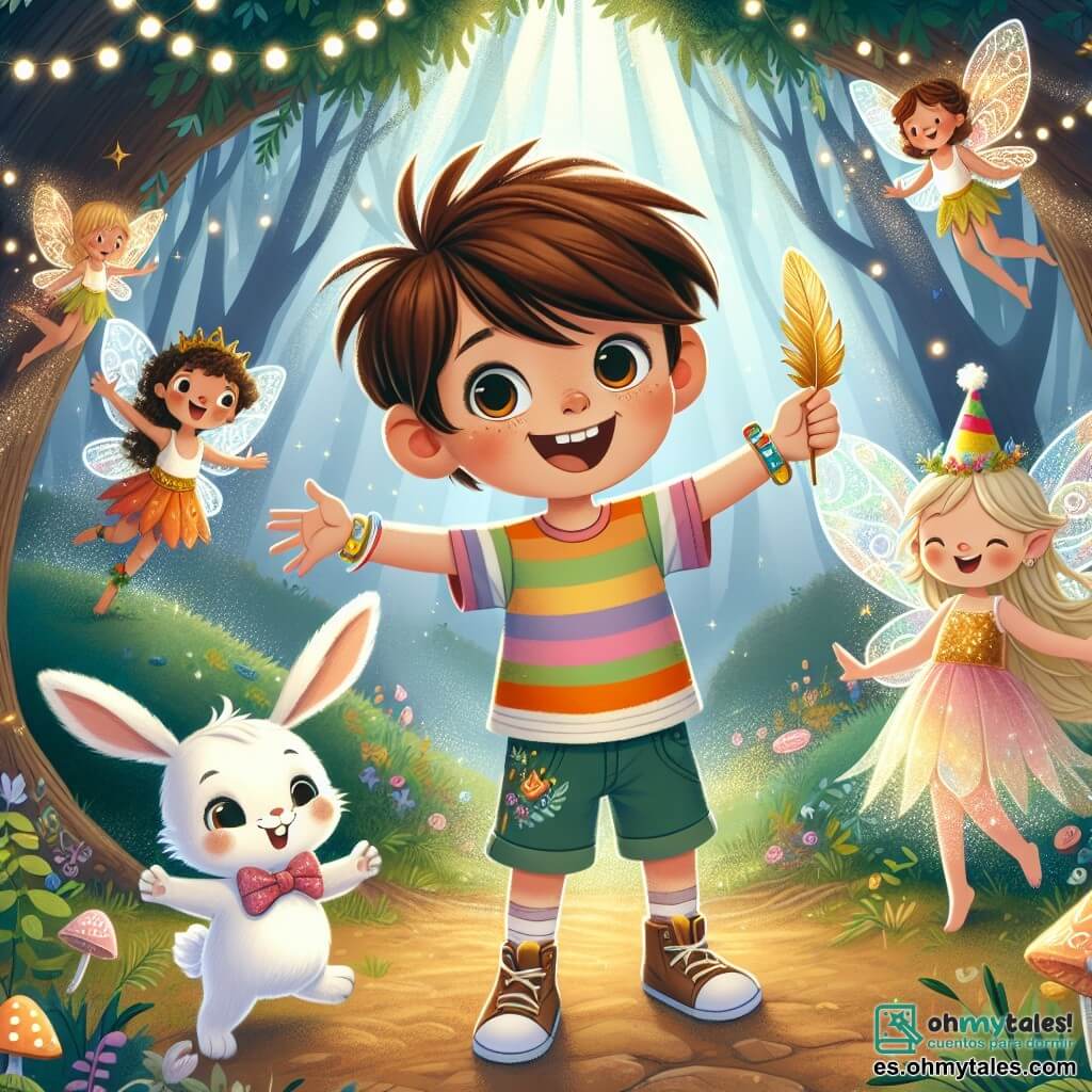 Une illustration sous forme de dessin destinée aux enfants représentant un clair de forêt magique, avec un garçon de 10 ans aux cheveux châtains et aux yeux pétillants, portant un t-shirt coloré et un short, qui sourit joyeusement en tenant une plume dorée dans sa main, tandis qu'un petit lapin blanc avec un chapeau de fête et des fées aux ailes scintillantes dansent autour de lui, célébrant son anniversaire dans une ambiance festive remplie de lumières et de douceurs.