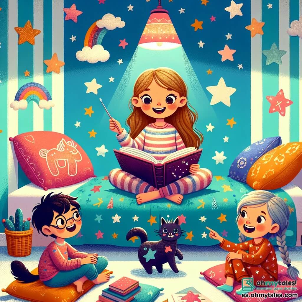 Ilustración que representa una habitación cálida y acogedora, con paredes pintadas de azul claro y decoradas con pegatinas en forma de estrellas y lunas brillantes. En el centro de la habitación, una lámpara de noche proyecta sombras suaves en el techo, creando un cielo estrellado. En primer plano, una niña de 11 años, con largos cabellos castaños y ojos brillantes, está sentada en su cama cubierta de mantas coloridas. Lleva un pijama a rayas y tiene una sonrisa confiada en su rostro. Sostiene un libro abierto en sus rodillas, lista para contar una historia a sus amigos. A su alrededor, dos amigos: un niño de 10 años con cabello rubio despeinado y gafas, que está acostado en el suelo, escuchando atentamente. A su lado, una niña de 9 años con trenzas y una camiseta con estampado de unicornios, que ríe y señala las formas divertidas proyectadas por la lámpara. La escena captura un momento de compartir y camaradería, donde el miedo de la noche se transforma en una aventura imaginaria. Cojines coloridos están esparcidos a su alrededor, y un gato negro de ojos brillantes se desliza entre los amigos, añadiendo un toque de magia al ambiente.