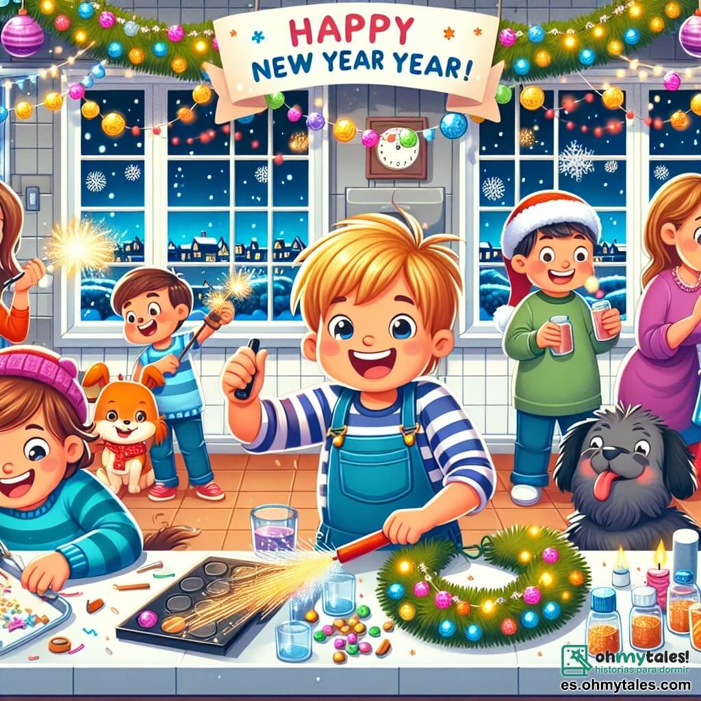 Une illustration destinée aux enfants représentant un garçon joyeux préparant une grande fête du Nouvel An avec sa famille, accompagné d'un chien espiègle, dans une maison décorée de guirlandes scintillantes et de lumières colorées.