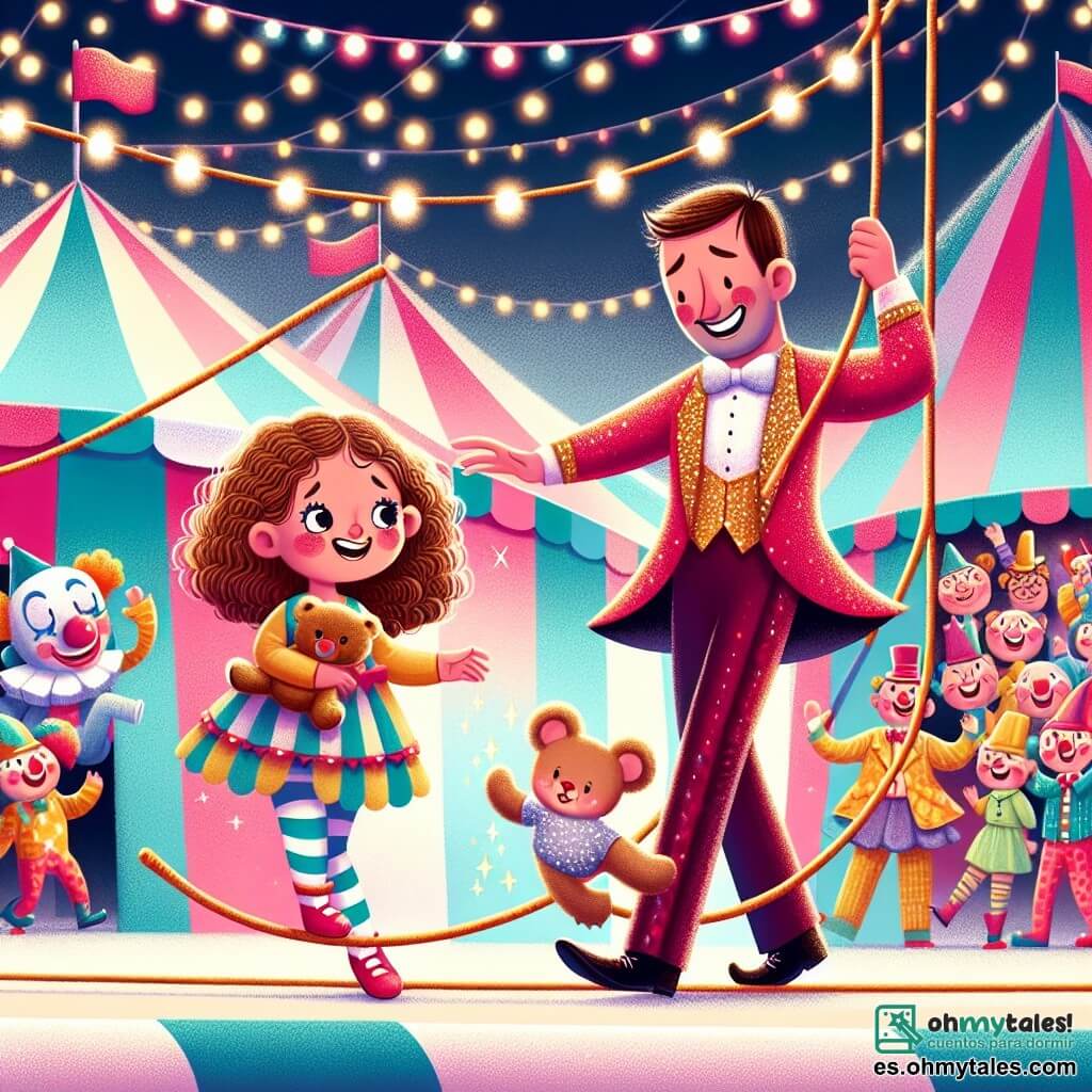 Une illustration sous forme de dessin destinée aux enfants représentant un cirque coloré avec des tentes rayées et des lumières scintillantes, où une petite fille de 2 ans aux cheveux bouclés et aux yeux pétillants, tenant un peluche, s'approche d'un funambule souriant, un homme mince en costume brillant, qui est en train de se débattre avec un long fil enchevêtré, tandis qu'en arrière-plan, des clowns rient et des animaux de cirque s'agitent, créant une atmosphère joyeuse et animée.
