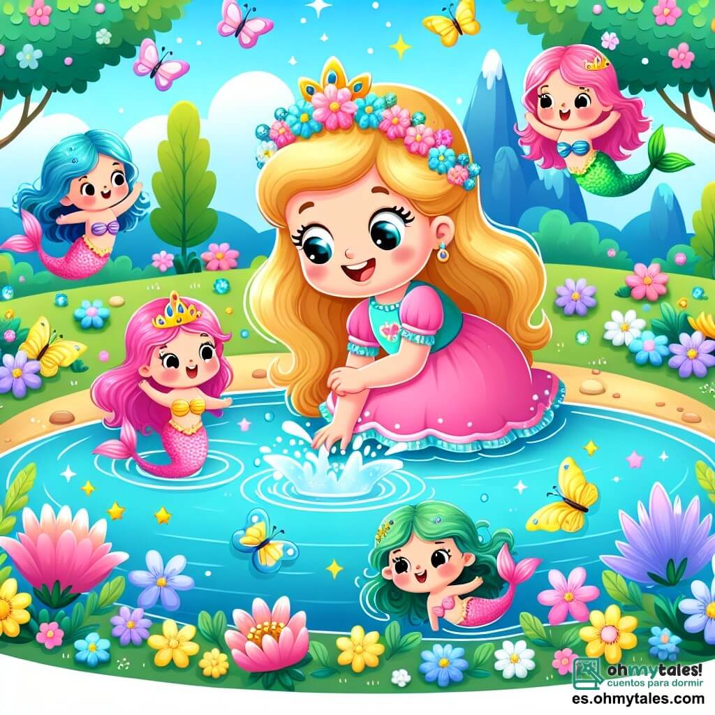 Une illustration sous forme de dessin destinée aux enfants représentant un lac cristallin entouré de fleurs colorées et de mariposas dans un royaume enchanté, où une princesse aux cheveux dorés et à la robe rose éclatante, avec un sourire espiègle, joue joyeusement en essayant de salpicar de l'eau, tandis que des sirènes aux queues brillantes de bleu et de vert, avec des cheveux ondulés aux couleurs changeantes, rient et s'amusent autour d'elle, créant une atmosphère de joie et de rires dans cette scène pleine de magie et d'amitié.