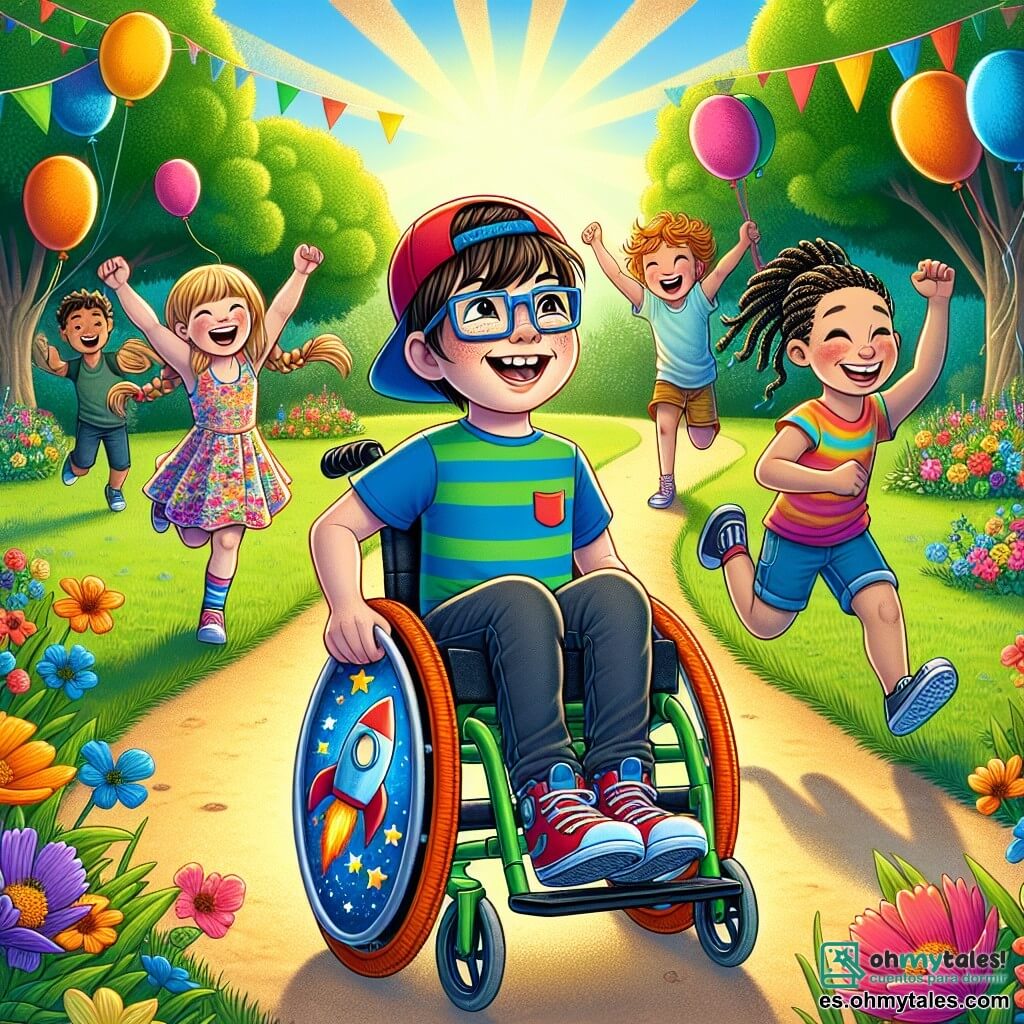 Ilustración que representa un parque soleado, lleno de colores vivos y risas de niños. En el centro, un camino de tierra que serpentea entre árboles verdes y flores brillantes. Un niño de unos 8 años, con cabello castaño y gafas, sonríe alegremente en una silla de ruedas colorida, decorada con motivos de cohetes y estrellas. A su lado, tres amigos: un niño de 9 años, con cabello rubio y rizado, corriendo con energía, una niña de 7 años, con trenzas y un vestido de flores, saltando de alegría, y otro niño de 8 años, con cabello negro y una gorra roja, que lo anima levantando los brazos. La escena captura la emoción de una carrera amistosa, donde el niño en la silla de ruedas avanza rápidamente, rodeado de sus amigos que lo animan con entusiasmo. Globos de colores flotan en el aire, y un pequeño grupo de niños los observa con admiración, celebrando el espíritu de inclusión y camaradería.