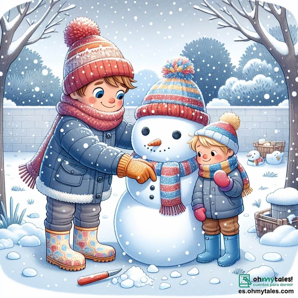 Une illustration sous forme de dessin destinée aux enfants représentant un jardin enneigé, où un garçon de 9 ans aux cheveux bruns et aux joues rosies par le froid, vêtu d'une épaisse veste bleue, d'un bonnet rouge et de gants colorés, s'amuse à construire un grand bonhomme de neige, tandis qu'un petit garçon aux cheveux blonds, portant une écharpe rayée et des bottes en caoutchouc, s'apprête à faire un ange dans la neige, le tout sous un ciel gris clair parsemé de flocons de neige tombants, évoquant la magie de l'hiver et la joie des jeux en plein air.